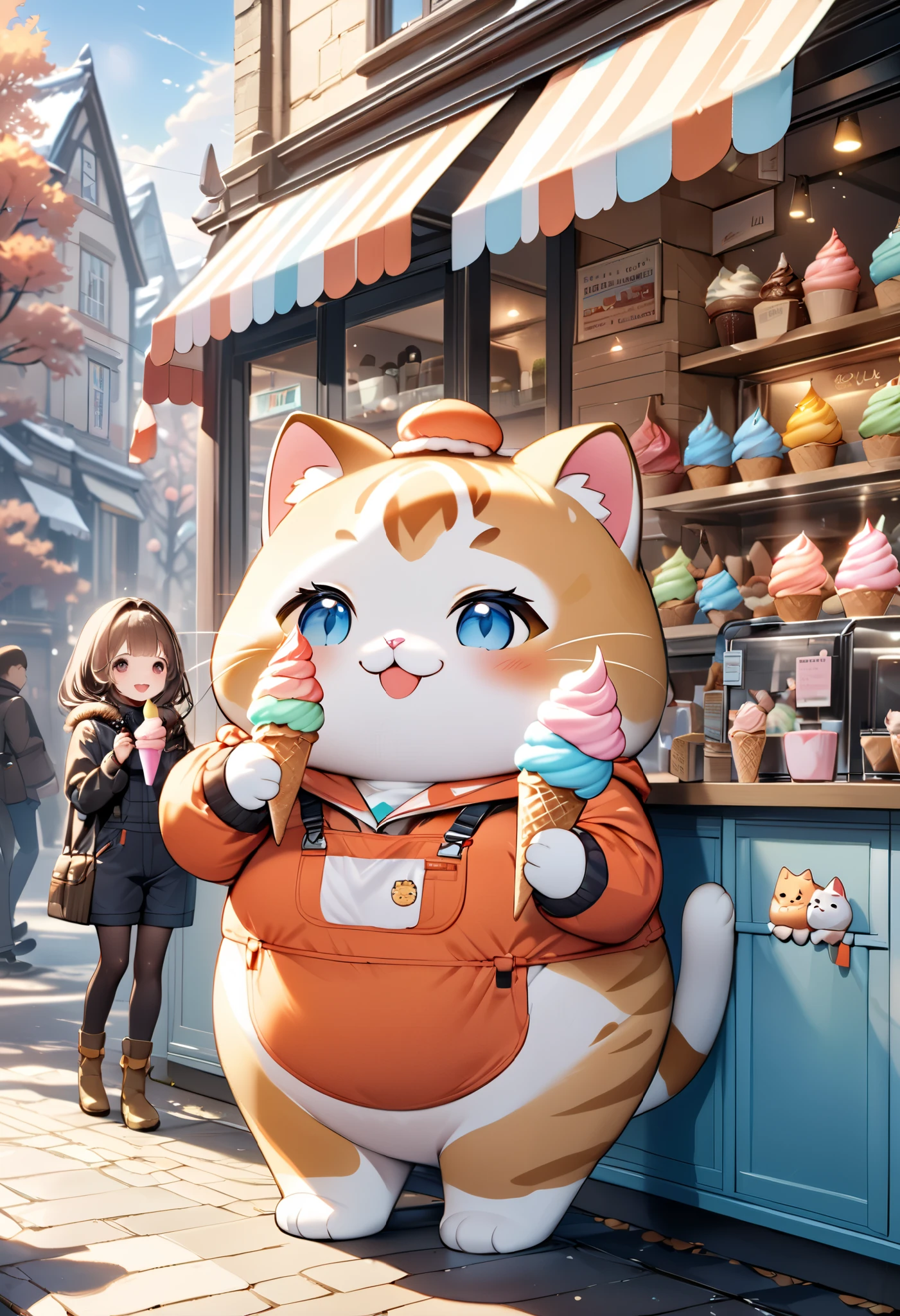 (masterpiece), (ultra-detailed), (best quality), (clear focus), dramatic scene, cinematic, shadow, (ultra-high resolution), (8k), perfect anatomy, perfect face, (detailed face), (detailed eye), (chibi:1.3), (cute Japanese chibi small girl:1.3), famous Japanese chibi idol, very beautiful with cute but cool face, (the girl is wearing a winter wear with cute coveralls with nylon jacket:1.2), boots, (medium breasts), (She is standing in front of the ice cream van:1.2), the ice cream van is pastel colored cute decorated, in winter, on the road in historic town in Europe, leafless trees, blue sky, beautiful winter sunshine, (a very cute giant fat cat is wearing an ice cream uniform and standing at the counter and holding a soft served ice cream in the shop of the van:1.3), (detailed giant fat cat:1.2), they looks so happy, happy smile, (shoot from side),