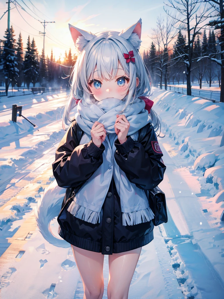  best quality、  snow、Wear warm clothes、 muffler 、cute  kemomimi girl