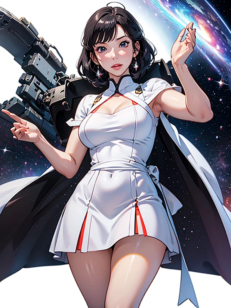 
vtuber model, Front facing,, anime, short black hair, doing T pose 3d model, whole body visible, using white dress,her face is a galaxy, white background