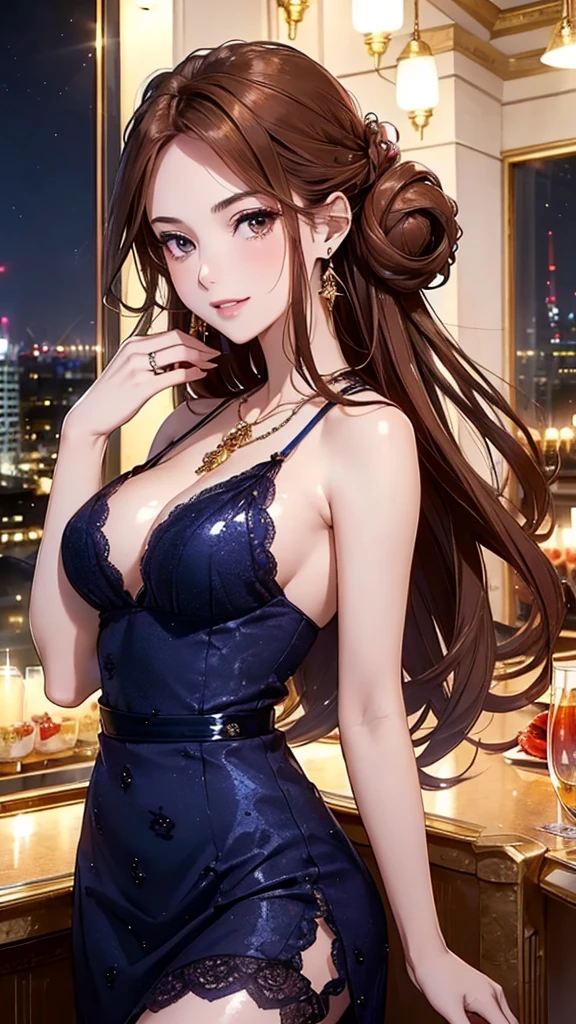 Masterpiece, Ultra High Quality, Ultra HD Quality, The most beautiful woman in history, Anime, Slender body, (very large breasts), Tall, Small face, Well-proportioned figure, Beautiful white skin, (Shiny brown hair: 1.2), ((Updo: 1.3))), (Bangs straight across), (Beautiful shining eyes), (Clear brown eyes), ((Shiny highlights: 1.3))), Long eyelashes, Pink lips, Beautiful and precise and delicate hand and finger creation, Divine smile, ((Beautiful cocktail dress))), ((navy blue lace dress))), ((Luxurious dress))), (Red rose hair accessory: 1.2), (Large earrings, Luxurious necklace, bangle, ring), Upper body, Beautiful standing posture like a fashion model, (Penthouse luxury bar and night view of buildings in the background)
