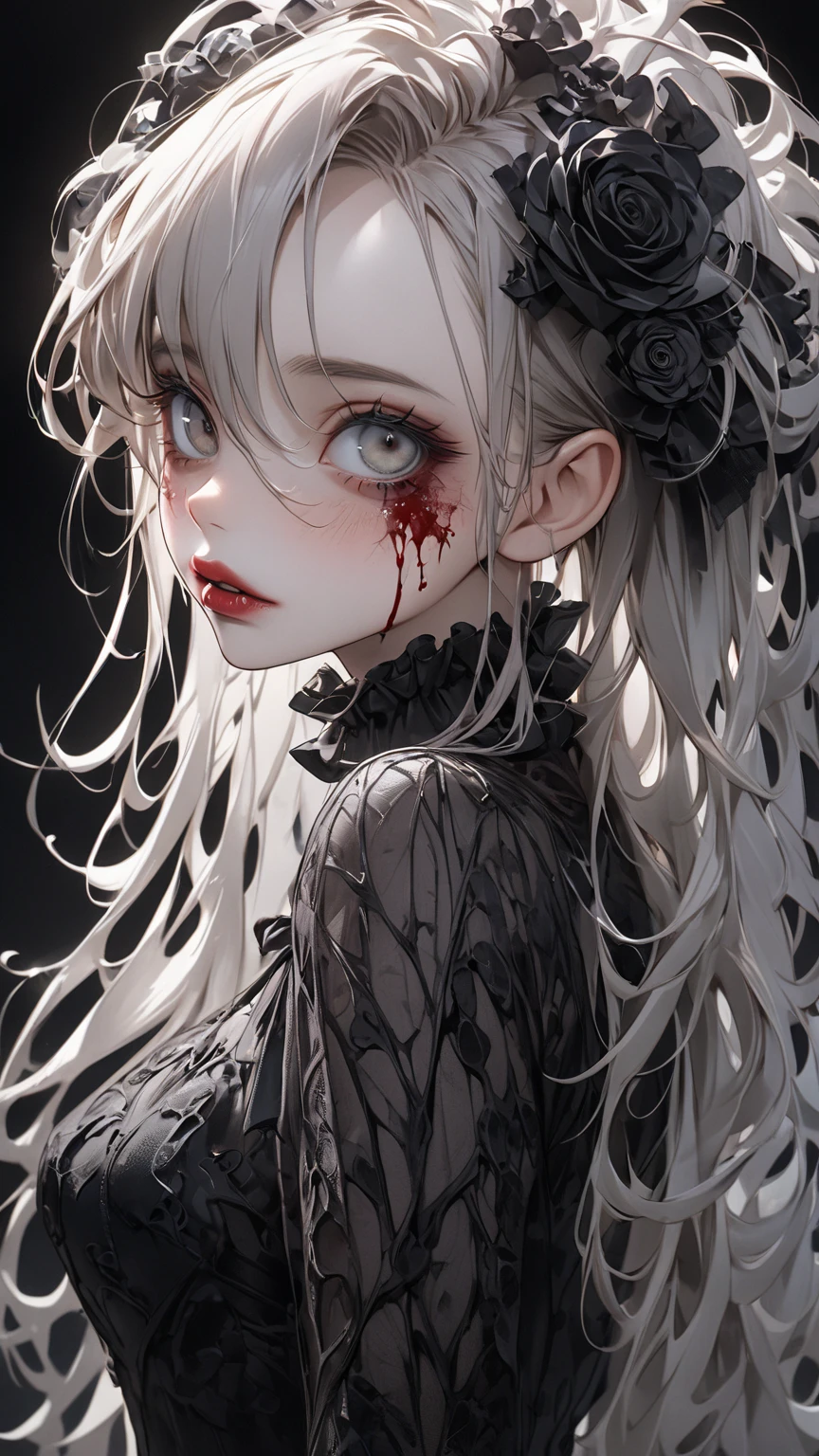 One Girl, masterpiece, View your audience, illumination, Particles of light, Gray Hair, Torn clothing, crazy, Yandere, Psychopathic, crazy expression, Licking lips, The pupils constrict, crazy smile, crazy eyes, Conceit, Gothic architecture, Big window behind the girl, Charming Western Alley、Gothic architecture、Western architecture、Fantasy World、, (Blood splatter:1.7)
