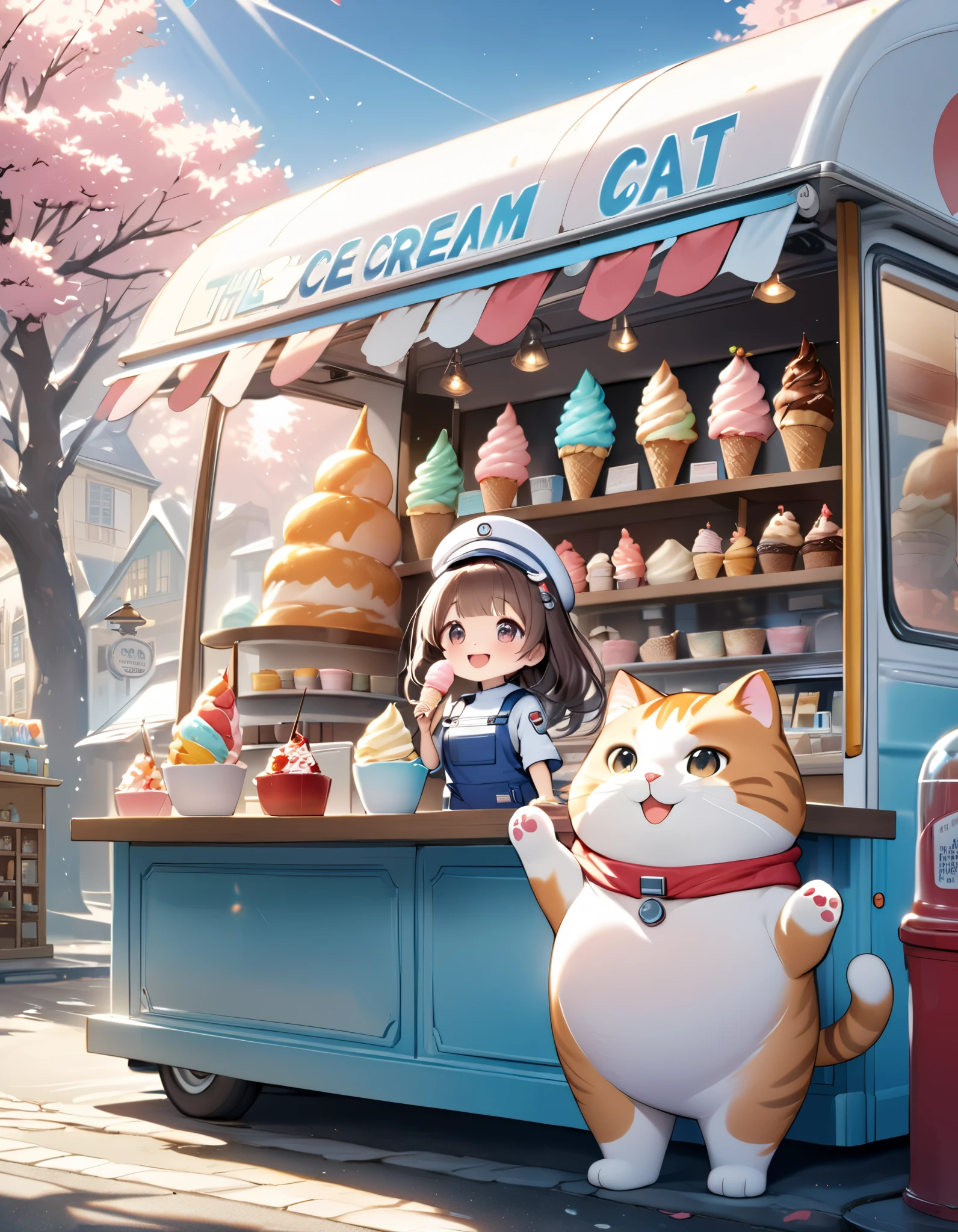 (masterpiece), (ultra-detailed), (best quality), (clear focus), dramatic scene, cinematic, shadow, (ultra-high resolution), (8k), perfect anatomy, perfect face, (detailed face), (detailed eye), (chibi:1.3), (cute Japanese chibi small girl:1.3), famous Japanese chibi idol, very beautiful with cute but cool face, (the girl is wearing a space engineer's outfit with coveralls with nylon jacket:1.2), boots, (medium breasts), (She is standing in front of the ice cream van:1.2), the ice cream van is pastel colored cute decorated, in winter, on the road in historic town in Europe, leafless trees, blue sky, beautiful winter sunshine, (a very cute giant fat cat is wearing an ice cream uniform and standing at the counter and holding a soft served ice cream in the shop of the van:1.3), (detailed giant fat cat:1.2), they looks so happy, happy smile, (shoot from side),