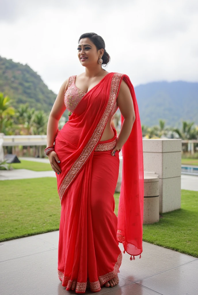 an indian gorgeous woman in full length photoshoot, 36dd breast , wide hips,style fancy saree and bra cut blouse, very big boobs,plus size, thik hips,big breast, realistic full bodu photo, huge curvy wife, nudity style , backgrounds mountain view 'face details 4k