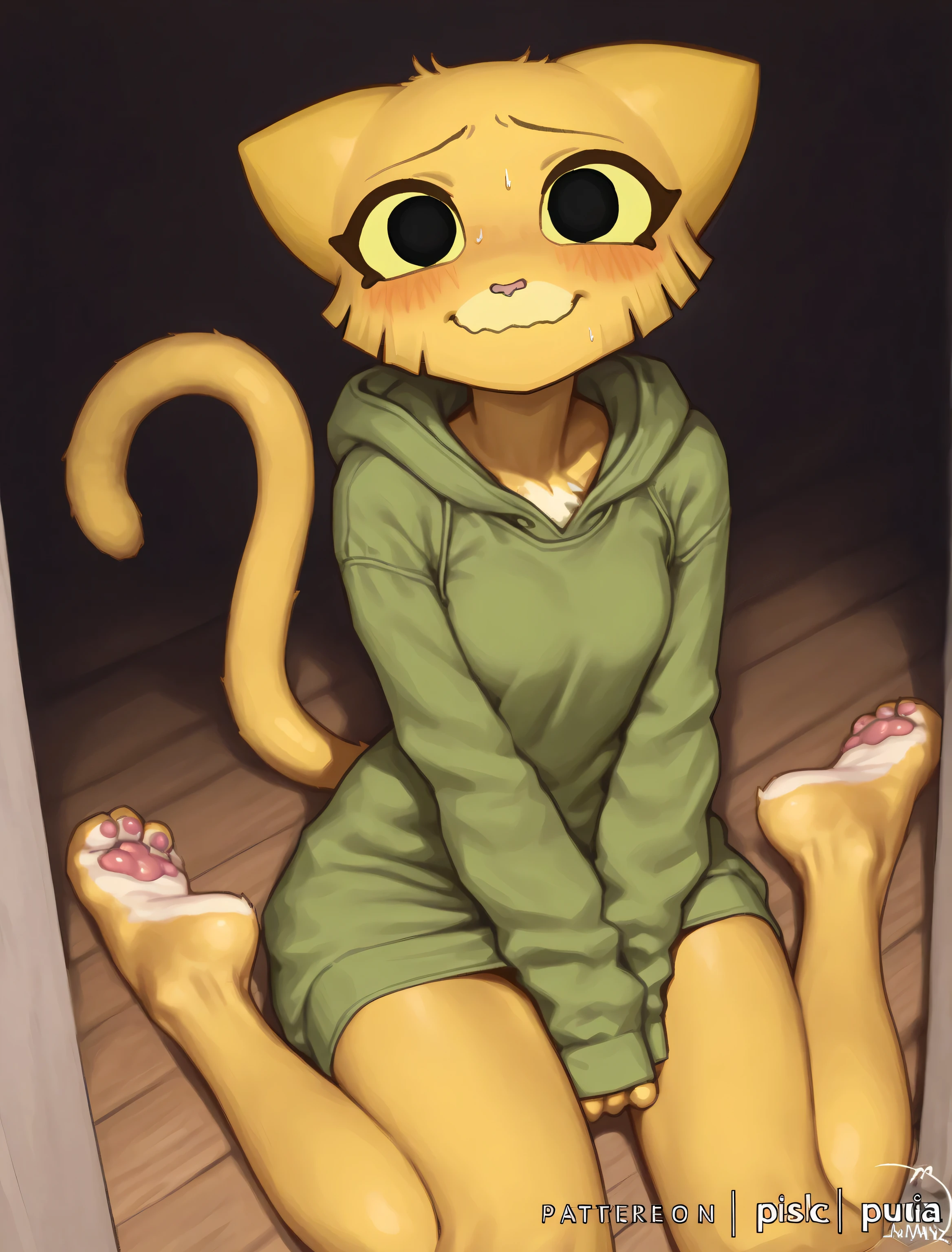 ((katia managan)), ((masterpiece)), ((high resolution)), ((cartoon style)), ((solo portrait)), {(attractive figure), (skinny body), (pretty paw feet), (yellow fur), (pink cat nose), (long yellow cat tail), (cute black eyes), (yellow sclera), (nervous smile)}, {(green hoodie dress)}, {(looking at viewer)}, ((woods))
