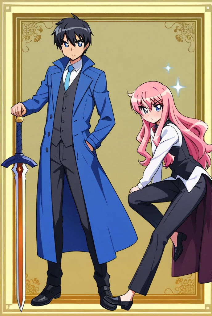 Saito Hiraga Zero no tsukaima full semi-stocked body wearing a blue trench coat, high, adult-looking,  black vest, white shirt under the vest .  black pants,  black shoes. serious look,  blue eyes with a little sparkle ,  black hair, The rest of the dull image, Derflinger ( sword of zero no tsukaima )  being held by him with both hands 