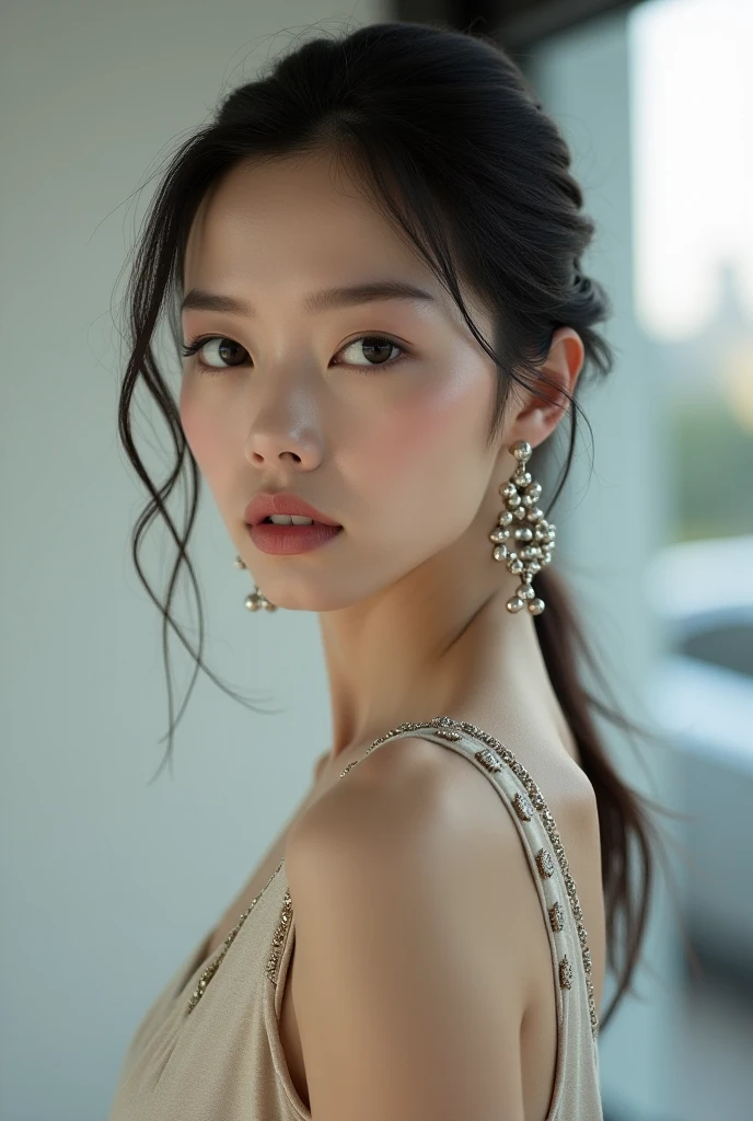 a beautiful asian girl with medium round breasts, small tits, wearing earrings, trendy hairstyles, highly detailed, intricate details, realistic, photorealistic, cinematic lighting, vibrant colors, glowing skin, masterpiece, 8k, ultra-detailed