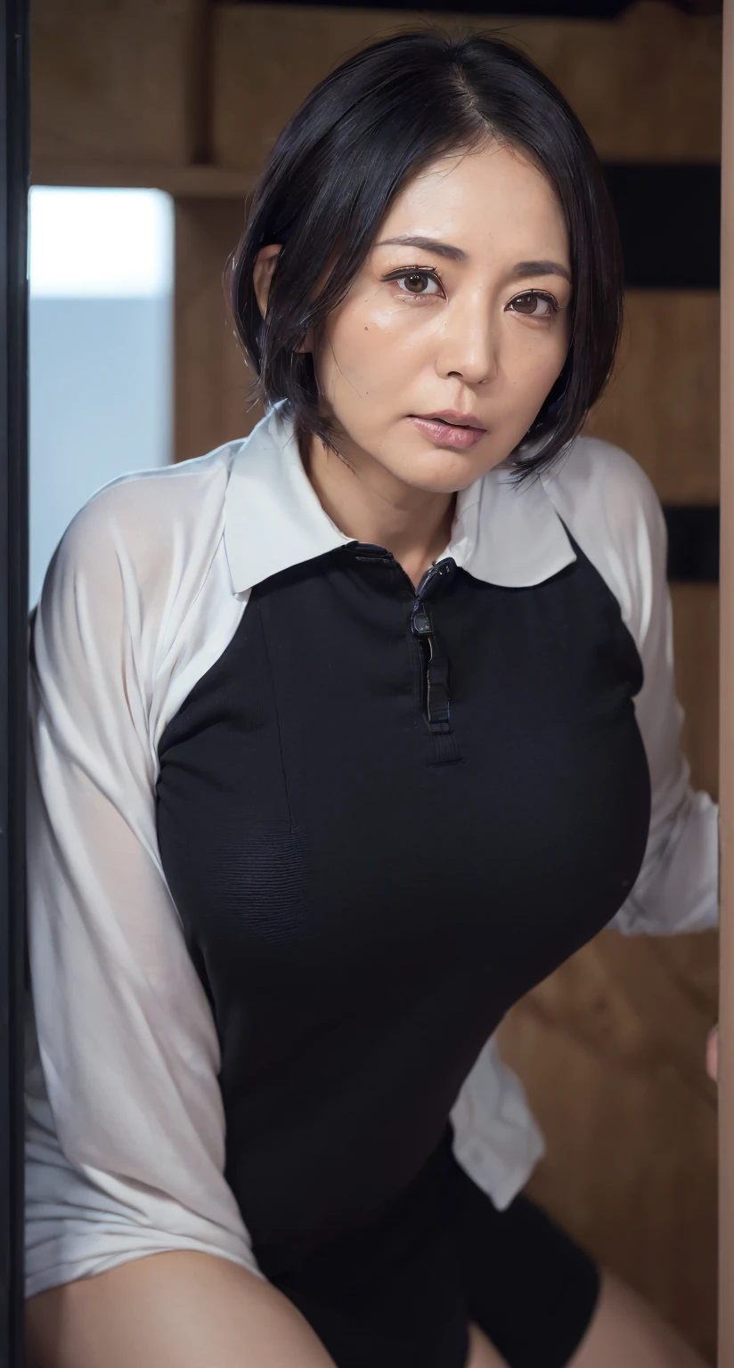 ((highest quality)), ((masterpiece)), Perfect Face, Mature Woman, 65 years old, Japanese, return, (Cum in mouth), (Open your mouth), Big Breasts, Large areola, Erect nipples, Round and small face, Big Nose, length, Narrow eyes, Cat-like eyes, , Big Ass, Full body image, Tank top, thin fabric hot pants,good, Wavy short hair,