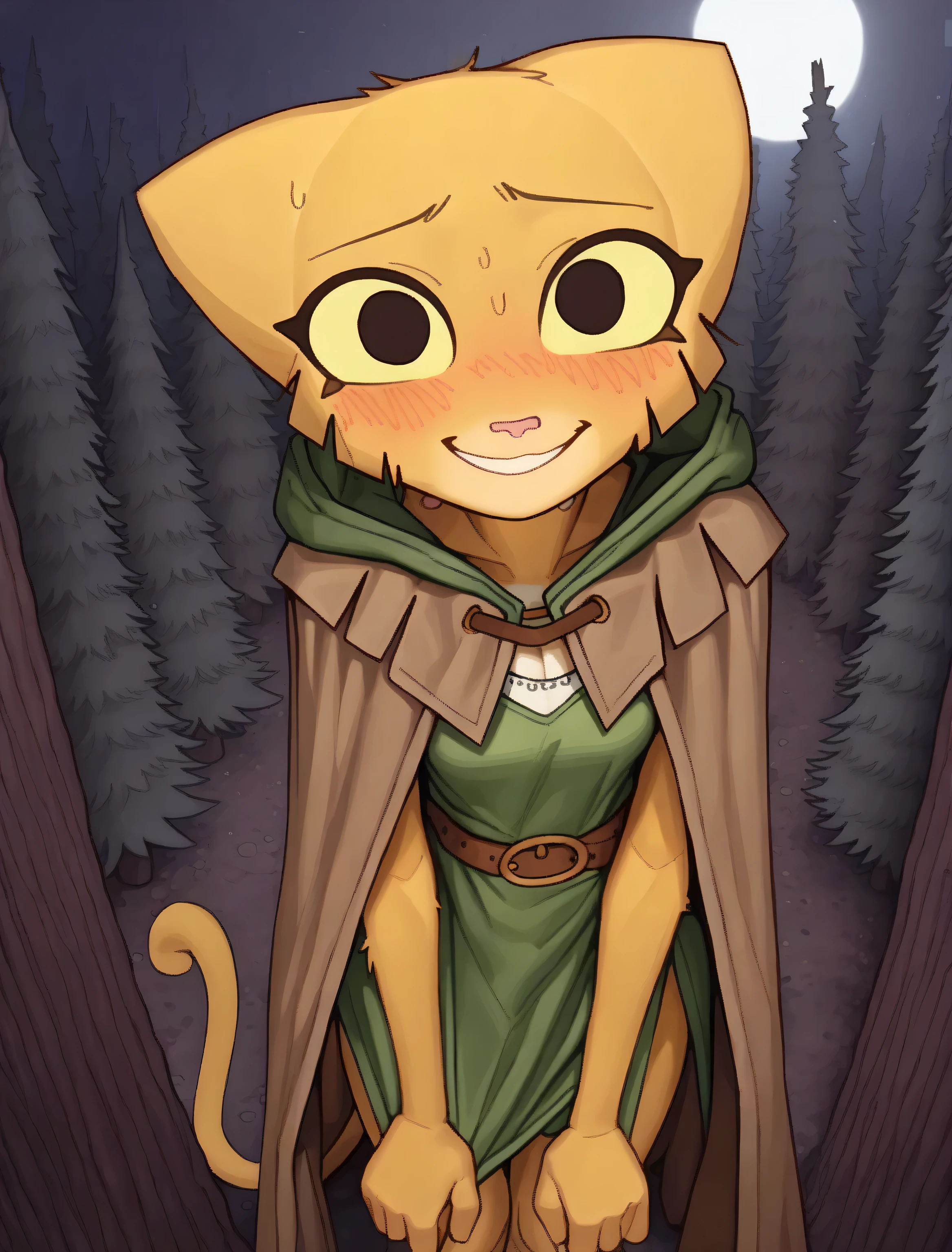 ((katia managan)), ((pixelsketcher)), ((wamudraws)), ((masterpiece)), ((high resolution)), ((cartoon style)), ((solo portrait)), {(attractive figure), (skinny body), (yellow fur), (pink cat nose), (long yellow cat tail), (cute black eyes), (yellow sclera), (sharp eyelashes), (nervous smile)}, {(green hooded dress), (hood down), (long cloak), (short brown capelet), (brown belt)}, {(standing), (looking at viewer)}, ((woods)), ((pine trees)), ((nighttime)), ((moonlight)),