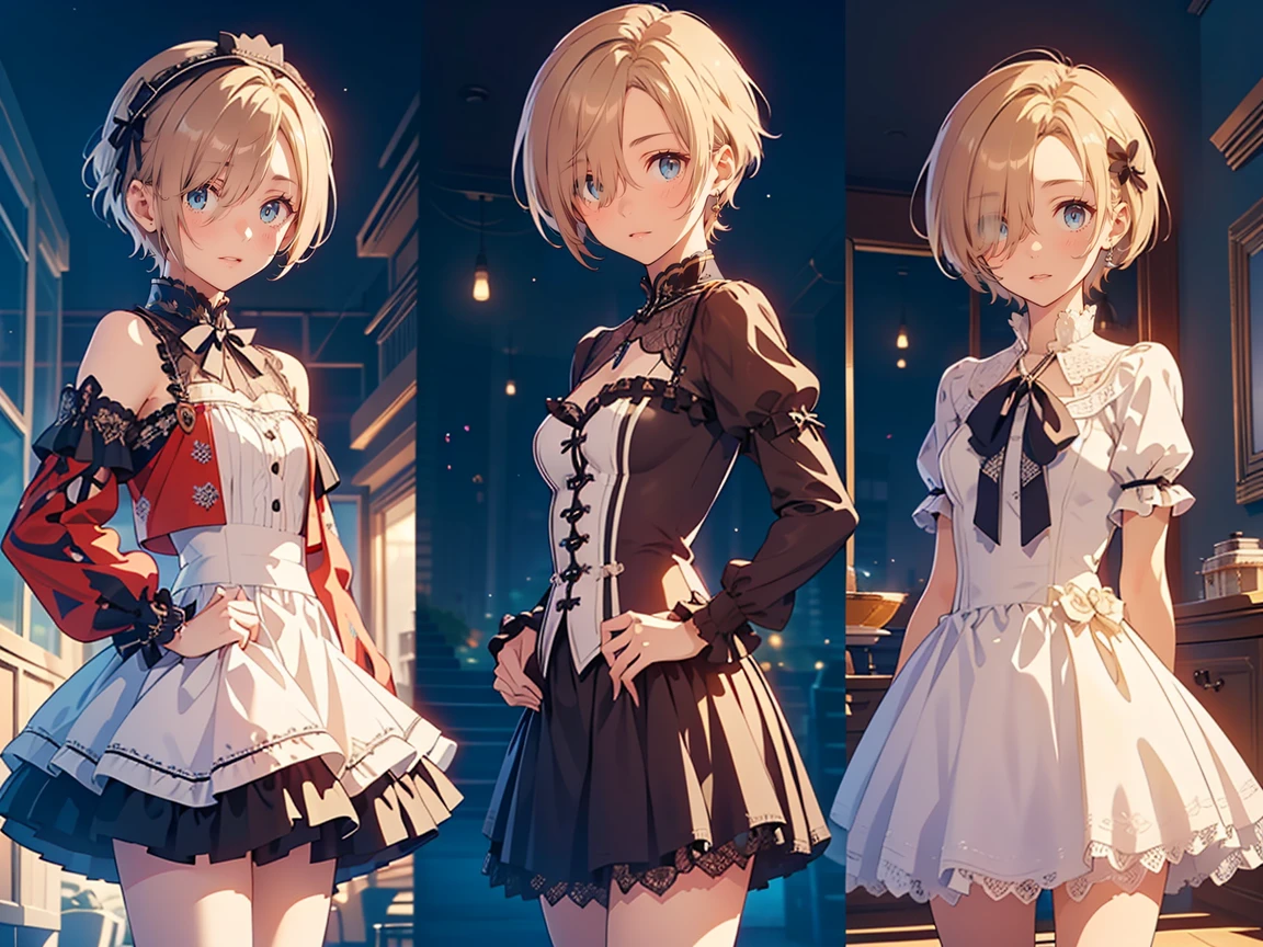 (( best quality , 8k, masterpiece:1.3)), concentrated:1.2, Perfect Body Beauty:1.4,  Highly Detailed Face and Skin Textures,  beautiful eyes,  double eyelids, break, (koume shirasaka:1.5), (short Hair:1.5), (wind, Floating Hair:1.1)、 ( purple eyes:1.1), Blonde,((hair over one eye:1.5)), break, (Perfect hands, perfect anatomy),(small breasts:1.5),(small head:1.5),(scrawny legs: 1.3),((pale bule skin)), break, (looking at viewer:1.3), break, ,((lolita fashion:1.3))、 BREAK Upper Body 、cowboy shot, (( standing picture :1.5))、((3 girls:1.5))、((multiple views:1.5))、((wide hip:1.5))
