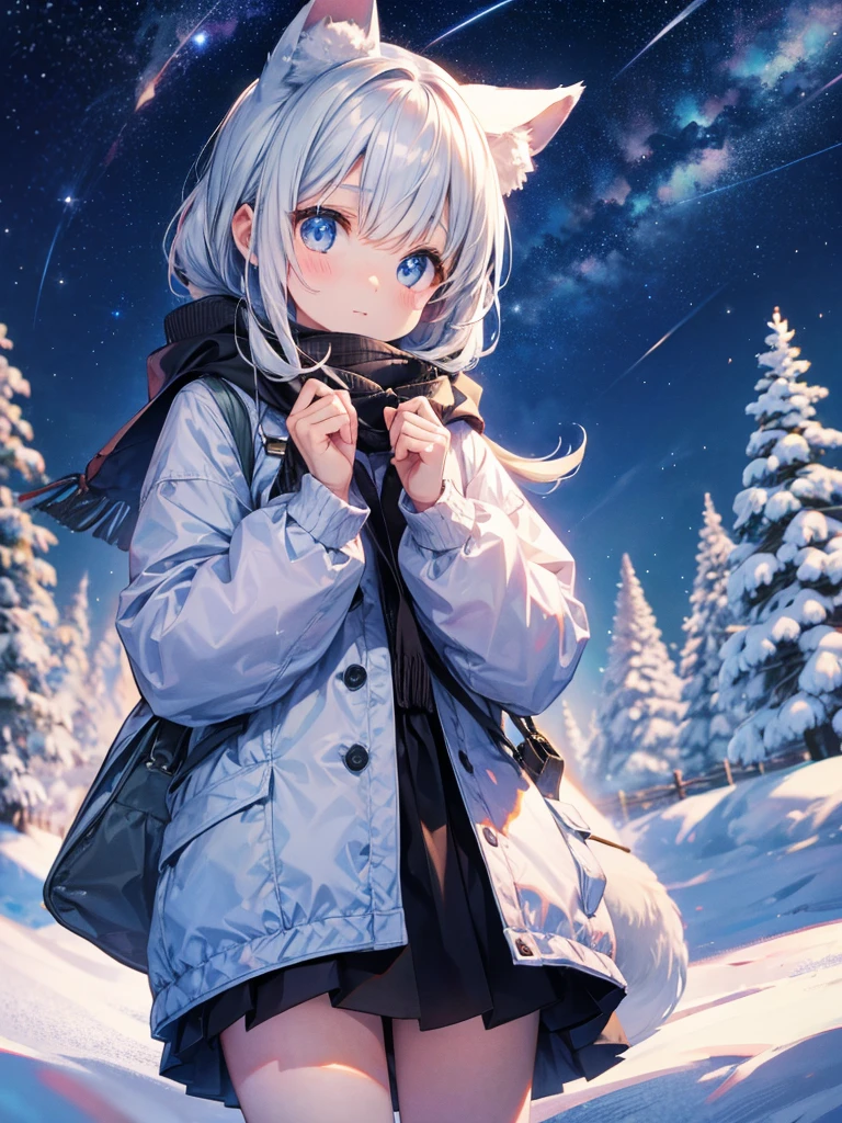 best quality、 snow、Looking up at the stars、Wear warm clothes、 muffler 、cute kemomimi girl