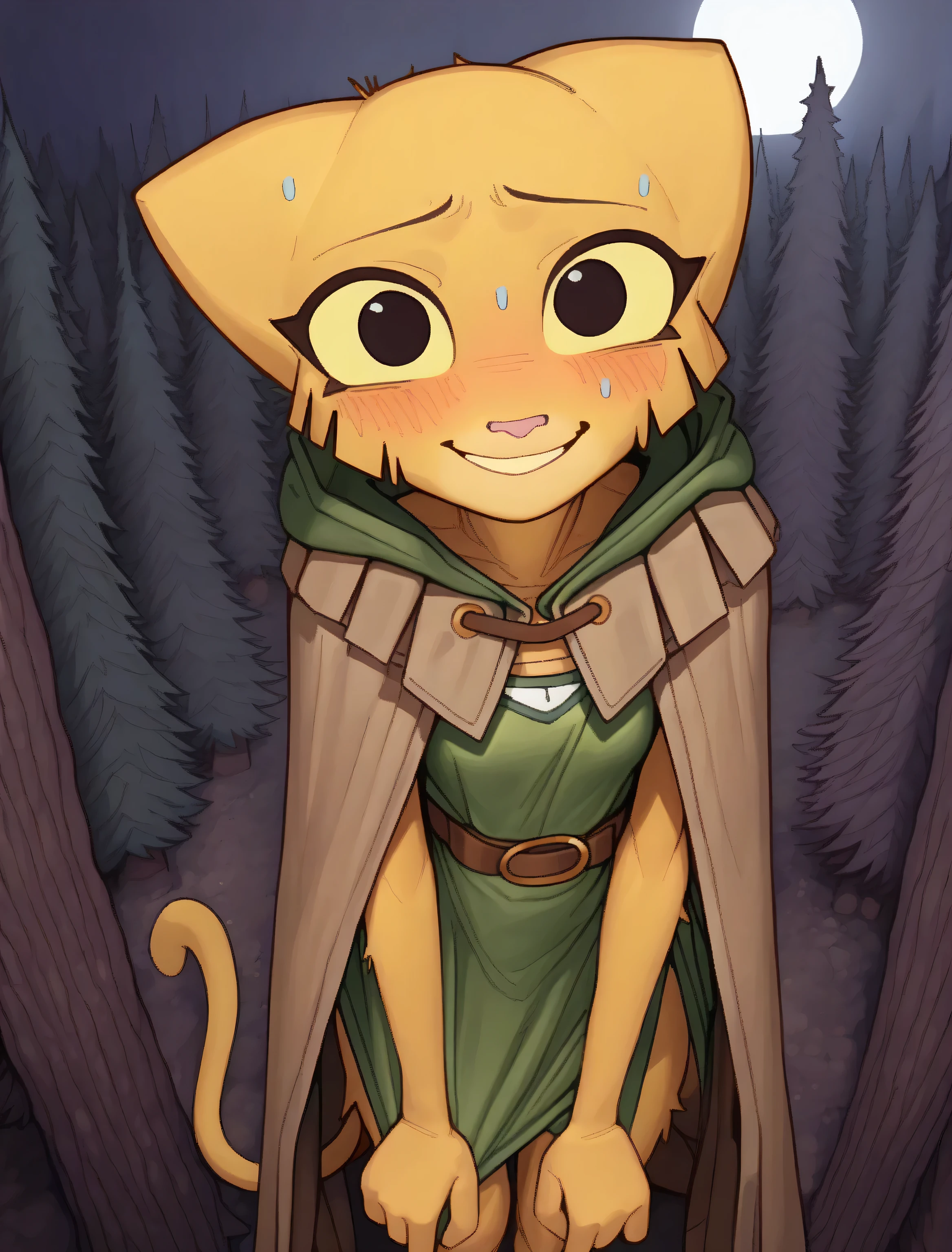 ((katia managan)), ((pixelsketcher)), ((wamudraws)), ((masterpiece)), ((high resolution)), ((cartoon style)), ((solo portrait)), {(attractive figure), (skinny body), (yellow fur), (pink cat nose), (long yellow cat tail), (cute black eyes), (yellow sclera), (sharp eyelashes), (nervous smile)}, {(green hooded dress), (hood down), (long cloak), (short brown capelet), (brown belt)}, {(standing), (looking at viewer)}, ((woods)), ((pine trees)), ((nighttime)), ((moonlight)),