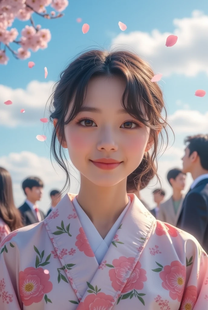 (masterpiece, best quality :1.2), Japanese coming-of-age ceremony pictures 、a Japanese woman\(18years old,Wearing a luxurious kimono,her hair up), gentle smile ,focus on her face,Soft sunlight 、backgroundぼかし、background\(Cherry blossom petal rain,blue sky, formally dressed people ),Canon, fresh and happy atmosphere、Reflection of light