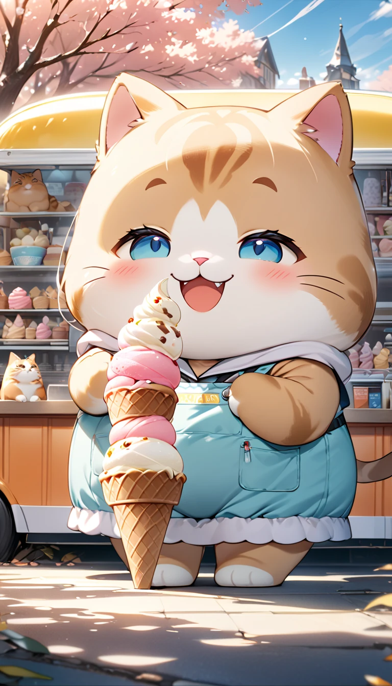 (masterpiece), (ultra-detailed), (best quality), (clear focus), dramatic scene, cinematic, shadow, (ultra-high resolution), (8k), perfect , perfect face, (detailed face), (detailed eye), (chibi:1.3), (cute Japanese chibi small girl:1.3), famous Japanese chibi idol, very beautiful with cute but cool face, (the girl is wearing a winter wear with cute coveralls with nylon jacket:1.2), boots, (), (She is standing in front of the ice cream van:1.2), the ice cream van is pastel colored cute decorated, in winter, on the road in historic town in Europe, leafless trees, blue sky, beautiful winter sunshine, (a very cute giant fat cat is wearing an ice cream uniform and standing at the counter and holding a soft served ice cream in the shop of the van:1.3), (detailed giant fat cat:1.2), they looks so happy, happy smile, (shoot from side),