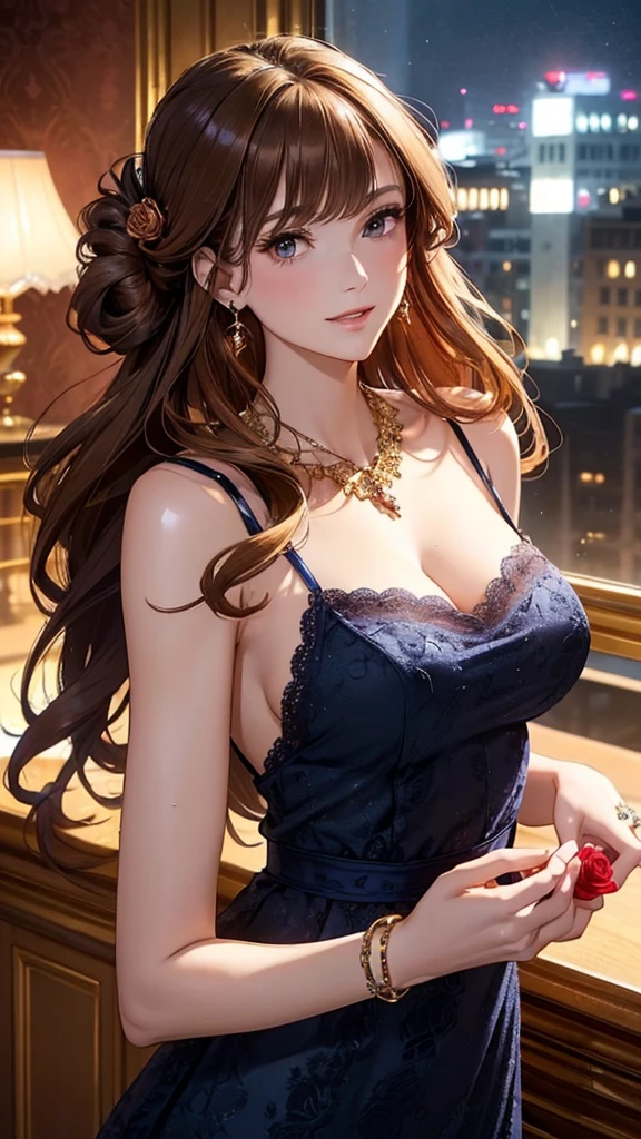 Masterpiece, Ultra High Quality, Ultra HD Quality, The most beautiful woman in history, Anime, Slender body, (very large breasts), Tall, Small face, Well-proportioned figure, Beautiful white skin, (Shiny brown hair: 1.2), ((Updo: 1.3))), (Bangs straight across), (Beautiful shining eyes), (Clear brown eyes), ((Shiny highlights: 1.3))), Long eyelashes, Pink lips, Beautiful and precise and delicate hand and finger creation, Divine smile, ((Beautiful cocktail dress))), ((navy blue lace dress))), ((Luxurious dress))), (Red rose hair accessory: 1.2), (Large earrings, Luxurious necklace, bangle, ring), Upper body, Beautiful standing posture like a fashion model, (Penthouse luxury bar and night view of buildings in the background)
