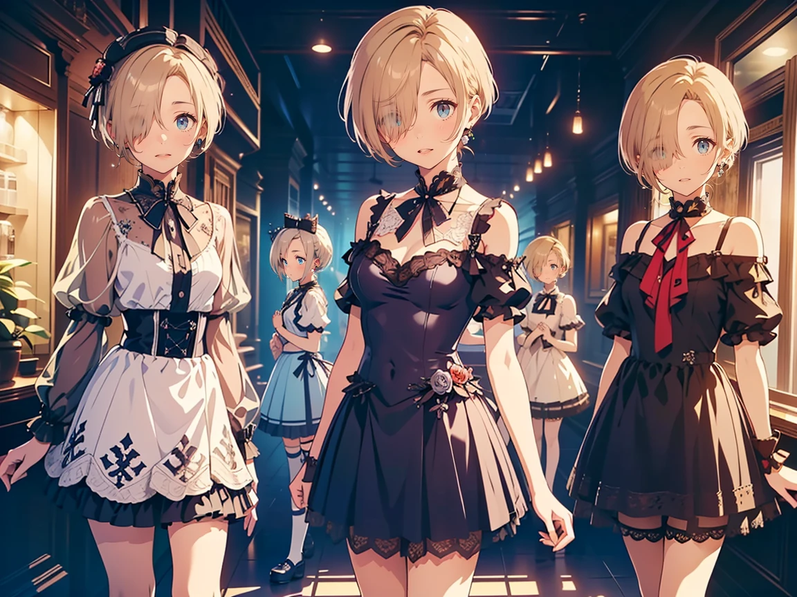 (( best quality , 8k, masterpiece:1.3)), concentrated:1.2, Perfect Body Beauty:1.4,  Highly Detailed Face and Skin Textures,  beautiful eyes,  double eyelids, break, (koume shirasaka:1.5), (short Hair:1.5), (wind, Floating Hair:1.1)、 ( purple eyes:1.1), Blonde,((hair over one eye:1.5)), break, (Perfect hands, perfect anatomy),(small breasts:1.5),(small head:1.5),(scrawny legs: 1.3),((pale bule skin)), break, (looking at viewer:1.3), break, ,(( see-through、lolita fashion:1.3))、 BREAK Upper Body 、cowboy shot, (( standing picture :1.5))、((3 girls:1.5))、((multiple views:1.5))、((wide hip:1.5))
