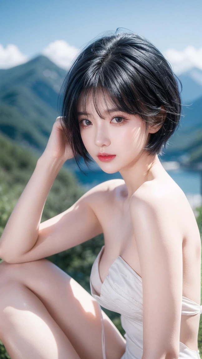 best quality, 1 Girl, dark blue hair, black eyes, Very short hair, Spiky hair, wears sweet black dress slim body luxury,A cropped dress, 171 cm, Messy hair, Hair between the eyes, Tomboy, aldult, 20 years old, A sweet girl by the mountain