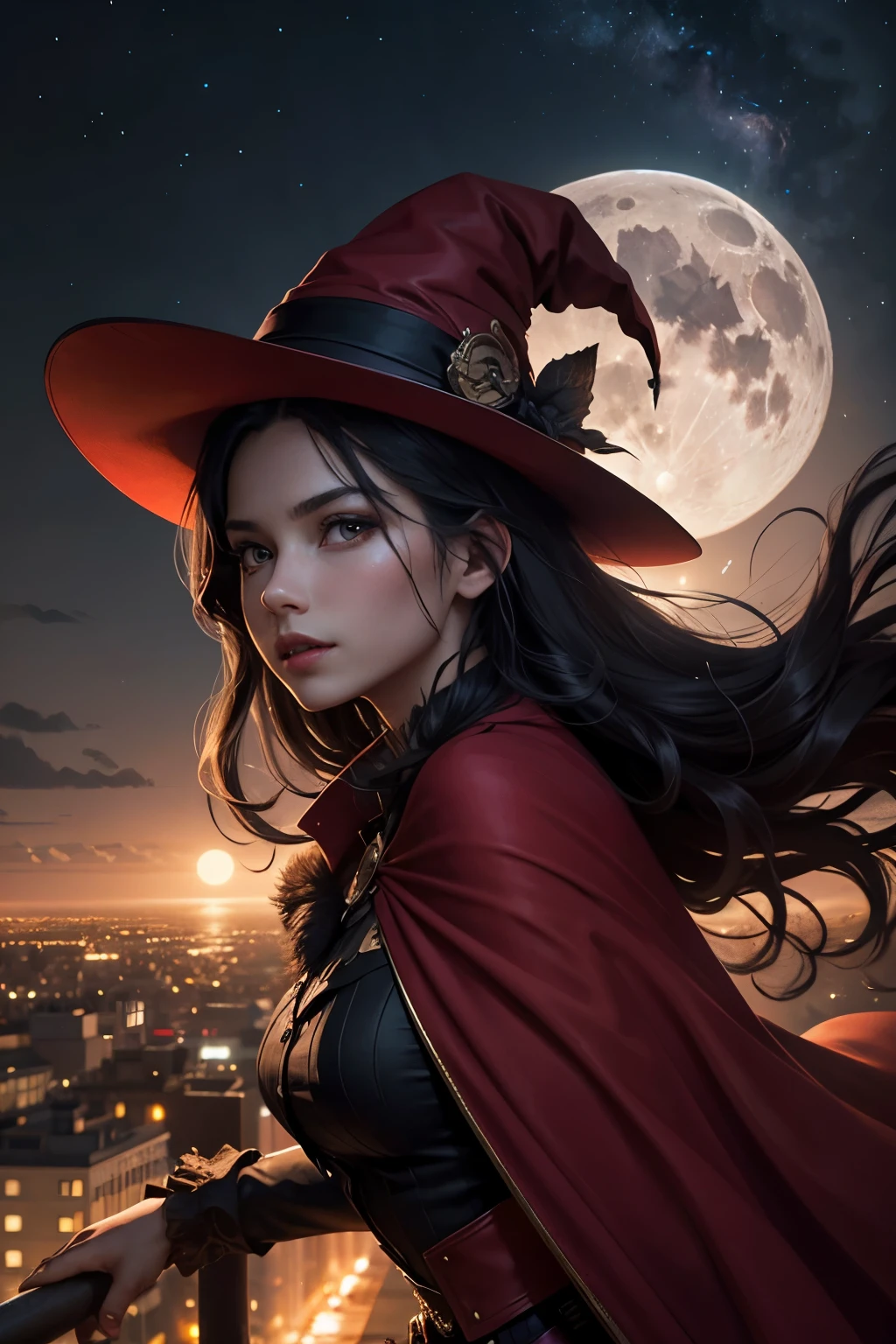 Portrait, beautiful witch with black hair in a red dress, hourglass figure, symmetrical figure, highly detailed face, beautiful face, calming blue eyes, lush lips, alluring, flirting with camera, stunning digital illustration, mysterious quantum environment, cosmic elements and ethereal atmosphere