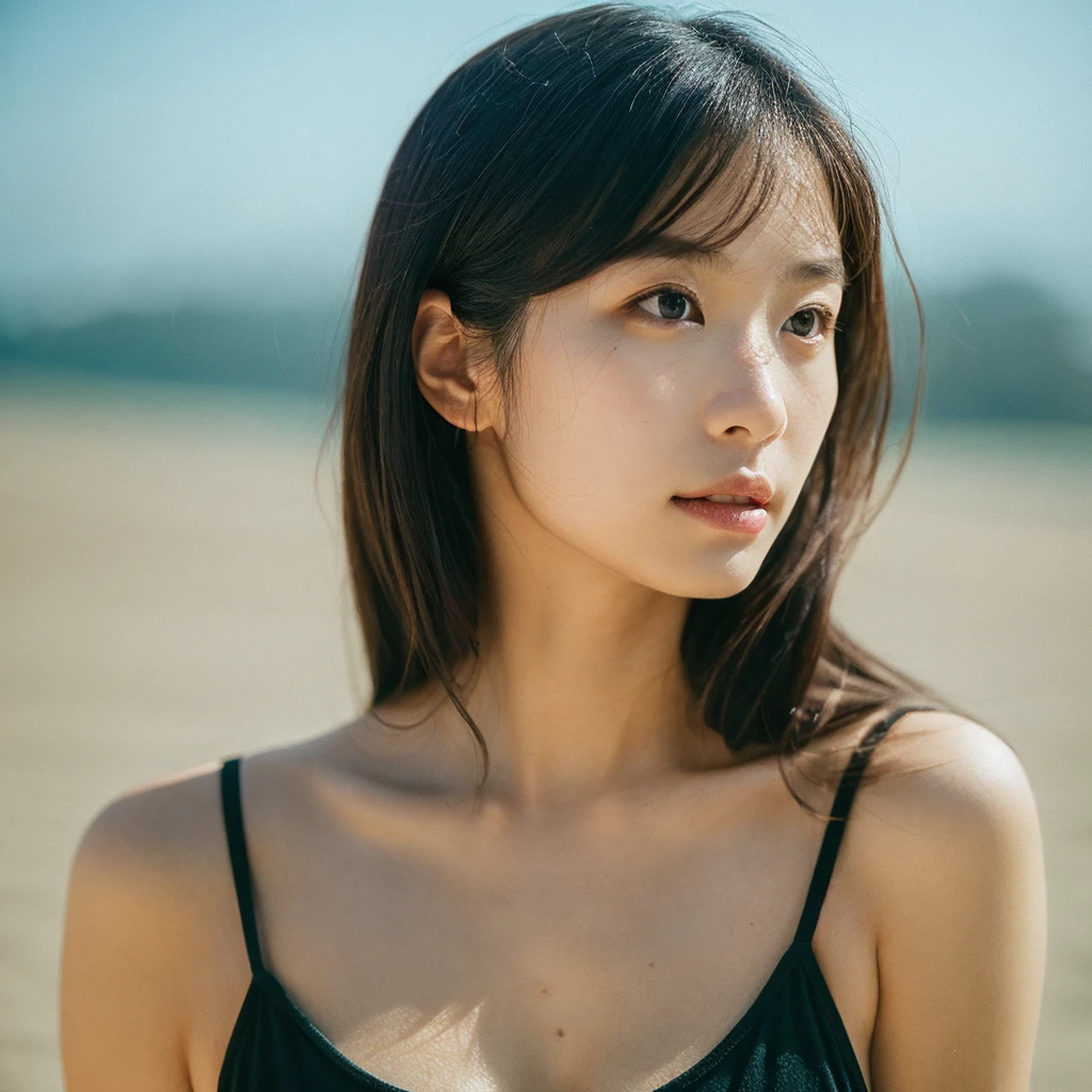 A hyper-realistic image of a single Japanese woman in her early 20s, captured with the nostalgic warmth and subtle graininess of a film camera. Her skin has a warm beige tone with a natural, slightly rough texture that includes visible pores, fine lines, and subtle imperfections such as small blemishes, adding to the authenticity of her appearance. The soft, diffused natural light enhances the film-like quality, casting gentle shadows that create a timeless, organic feel. Her straight, glossy black hair frames her face in a natural, slightly tousled manner, and her deep brown eyes reflect the ambient light, adding depth and emotion. The film camera effect introduces a slight grain and a softer focus, giving the image a warm, nostalgic atmosphere while maintaining the realistic texture of her skin. She is dressed simply, in a way that complements her natural beauty, with the overall composition designed to evoke a sense of genuine, understated elegance. The use of natural light, combined with the deliberately rougher texture of her skin and the film-like qualities, ensures that this image captures the imperfections that make her beauty truly lifelike, focusing solely on this one individual.She is wearing a transparent see-through shirt.A brightly colored pink bra is exposed.