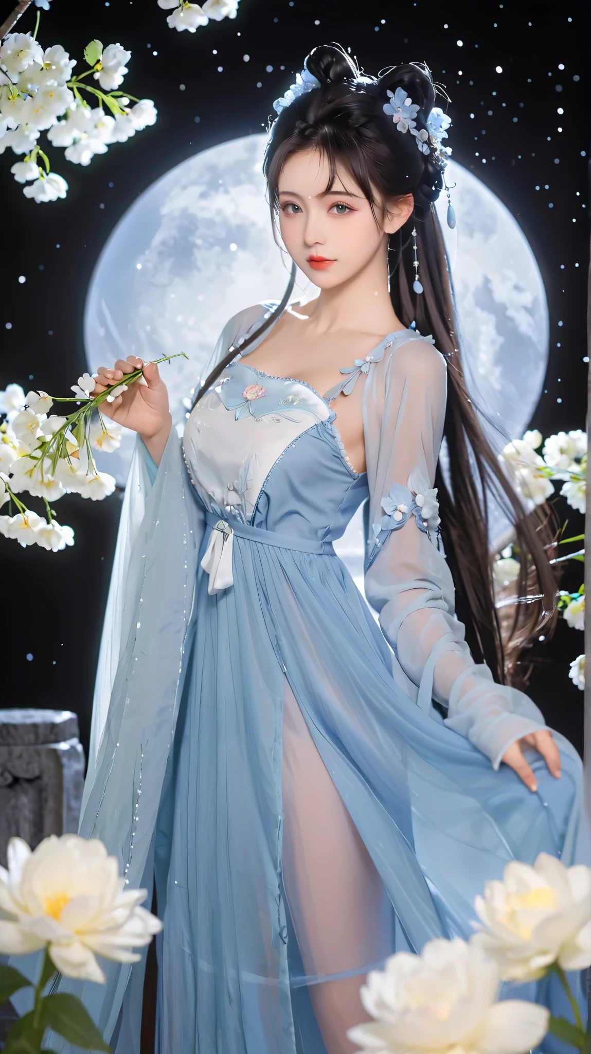  wears a blue dress、头发上有花朵的Anime Girl, very 美丽的Anime Girl, 美丽的Anime Girl,  beautiful fantasy anime , Gu Weiss, Anime Girl, 美丽的Anime Girl,  very pretty cute girl , Blue Flower,  background blur, Anime style 4K, Anime fantasy work , 4k anime wallpaper,  Guvez style artwork 