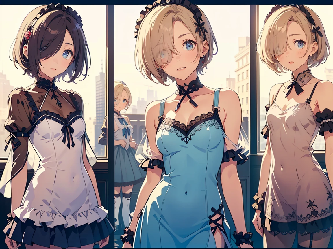 (( best quality , 8k, masterpiece:1.3)), concentrated:1.2, Perfect Body Beauty:1.4,  Highly Detailed Face and Skin Textures,  beautiful eyes,  double eyelids, break, (koume shirasaka:1.5), (short Hair:1.5), (wind, Floating Hair:1.1)、 ( purple eyes:1.1), Blonde,((hair over one eye:1.5)), break, (Perfect hands, perfect anatomy),(small breasts:1.5),(small head:1.5),(scrawny legs: 1.3),((pale bule skin)), break, (looking at viewer:1.3), break, ,nsfw、(( see-through、lolita fashion:1.3))、 BREAK Upper Body 、cowboy shot, (( standing picture :1.5))、((3 girls:1.5))、((multiple views:1.5))、((wide hip:1.5))
