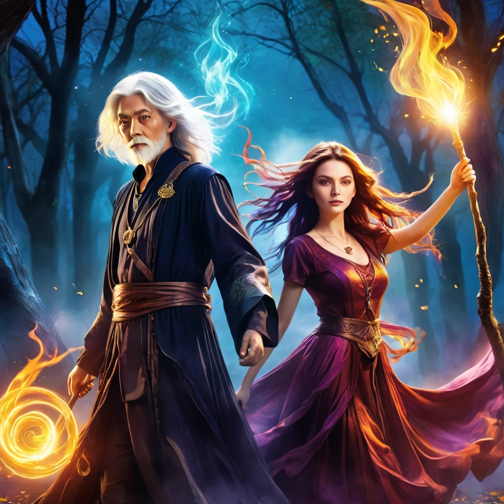 realista, High definition | ultra hdr, retrata um mago poderoso e sua companheira feiticeira, both young figures surrounded by a mystical atmosphere pulsing with the energy of power and love, manifestado em cores vibrantes. Your enchanting aura serves as a protective force, warding off darkness and protecting against malevolent forces in the shadows.