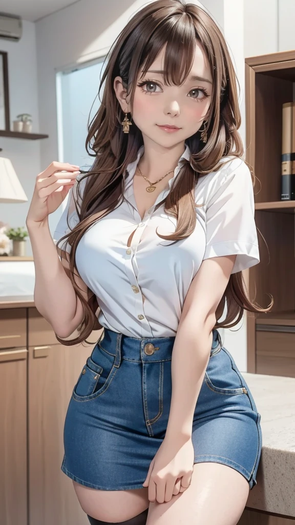 baby face, very long gold hair,blunt bangs:1.5,messy hair:1.5, (photorealistic:1.4), (masterpiece, sidelights, exquisite beautiful eyes: 1.5), masterpiece*portrait, realistic, 3D face,,kawaii face,front view: 1.5、 (glowing green eyes:1.2),plump face:1.5,(tareme:1.5)、(happy:1.5),Rosy Mouth,Slim Body,abs, shiny hair, shiny skin: 1.5、large breasts:1.3,solo,(Erotic forward bending posture:1.5)、(very short length shirts with open chest:1.5)、very short micro shorts、(charactor focus:1.5、portrait)、cowboy shot