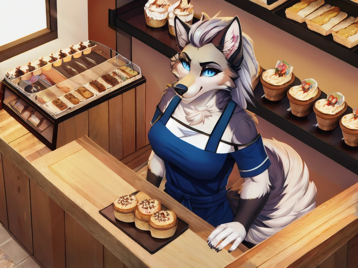 female hare fursona, looking down to a small dog fursona, grabbing a blueberry pie