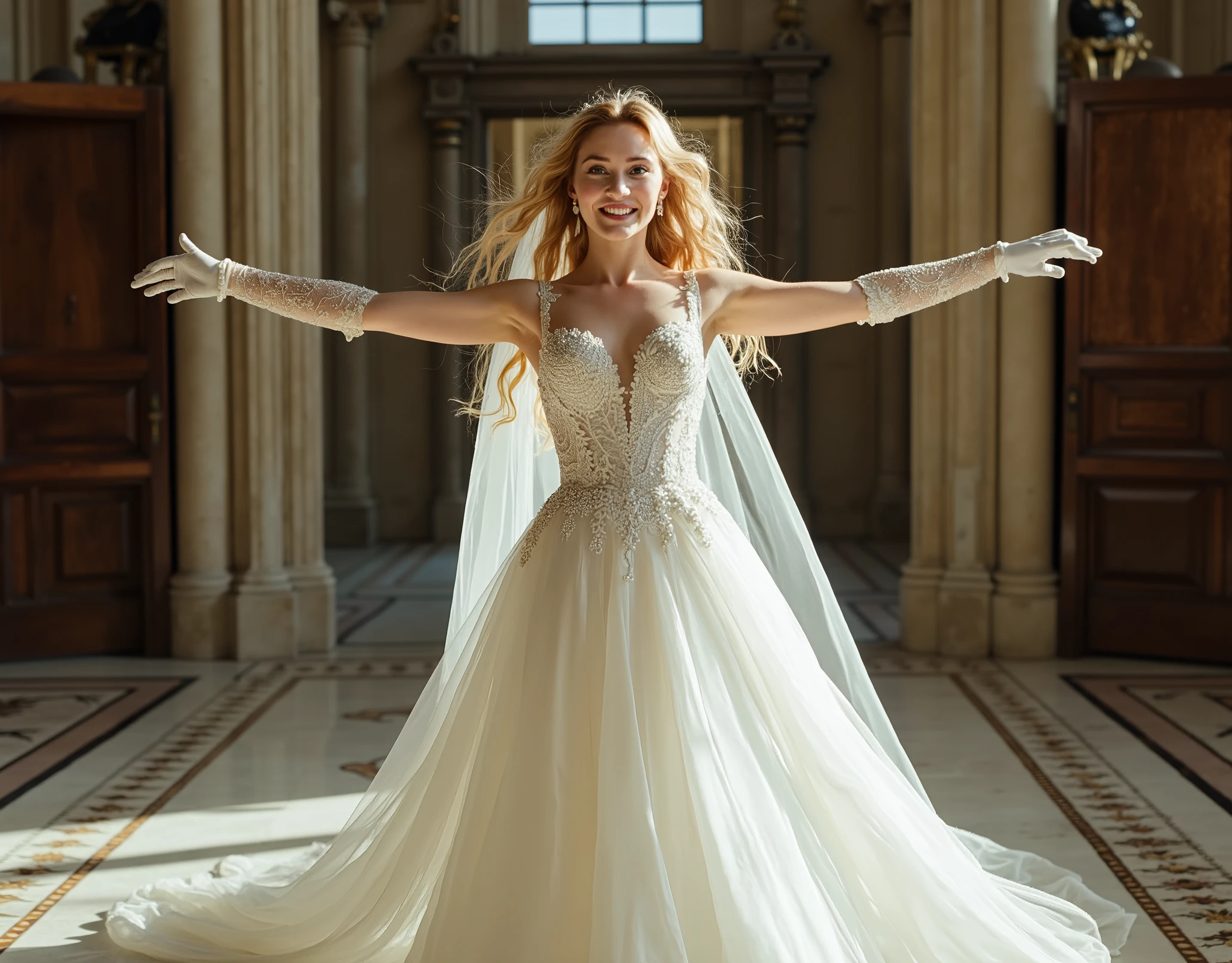 Front view, full body, Titanic pose with arms raised horizontally, on church floor, England girls 20-age , looking at viewer, England fashion model ,(middle blonde hair, detail face, cute face, beautiful eyes, Small lips, smile, pearl earring , pearl neck less), (middle breasts, middle hip, slender body),(White Wedding long dress with embroidery, and white see-through veil, white lace long glove, white stocking, white hi-heal), (masterpiece, Best Quality, high resolution on down, Realistic, sharp, RAW photos from the last century, wallpaper, perfection, Professional Lighting, very detailed)