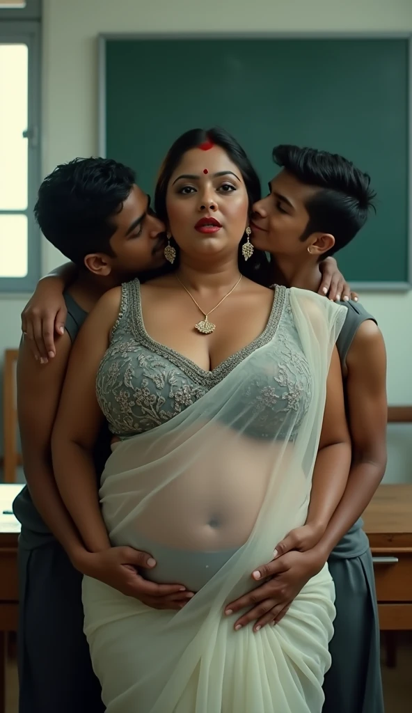 A 25 year old beautiful plus sized South Indian cream colour chiffon saree and black colour chiffon blouse wearing teacher kissing a 18 year old man in class room, a group of boys cheering next to them