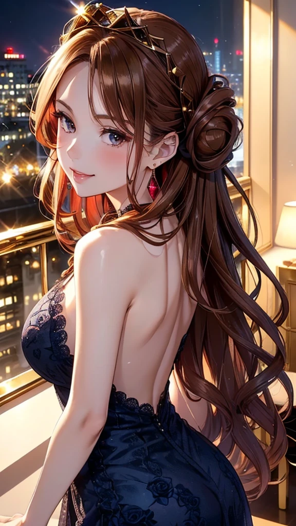 Masterpiece, Ultra High Quality, Ultra HD Quality, The most beautiful woman in history, Anime, Slender body, (very large breasts), Tall, Small face, Well-proportioned figure, Beautiful white skin, (Shiny brown hair: 1.2), ((Updo: 1.3))), (Bangs straight across), (Beautiful shining eyes), (Clear brown eyes), ((Shiny highlights: 1.3))), Long eyelashes, Pink lips, Beautiful and precise and delicate hand and finger creation, Divine smile, ((Beautiful cocktail dress))), ((navy blue lace dress))), ((Luxurious dress))), (Red rose hair accessory: 1.2), (Large earrings, Luxurious necklace, bangle, ring), Upper body, Beautiful standing posture like a fashion model, (Penthouse luxury bar and night view of buildings in the background)
