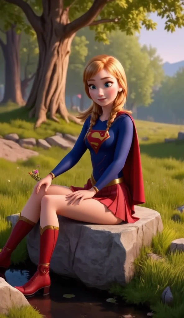 This is a CGI-rendered image of Supergirl, a young woman with long, flowing, bright blonde hair, sitting on a large, smooth rock in a lush, green forest. The woman has fair skin and expressive blue eyes, with a cheerful, open-mouthed smile. She is dressed in her iconic superhero costume: a form-fitting blue top with the bold red and yellow "S" emblem on her chest, paired with a short red skirt. She also wears a flowing red cape that cascades behind her and red knee-high boots. The costume emphasizes her heroic stature while maintaining a modern, sleek design.

In her left hand, she holds a small bouquet of wildflowers, including yellow and purple blooms, adding a touch of softness and natural beauty to the scene. The background features tall, majestic trees with thick trunks and dense foliage, casting dappled light across the scene. The forest floor is covered in vibrant green grass and patches of moss, with a small stream flowing nearby, adding a serene, peaceful ambiance to the image. The sky is clear with a warm, golden light, indicating either early morning or late afternoon, enhancing the overall warm and inviting atmosphere. The image captures a moment of tranquility and a rare connection with nature, showcasing the superhero in a peaceful and reflective moment.
