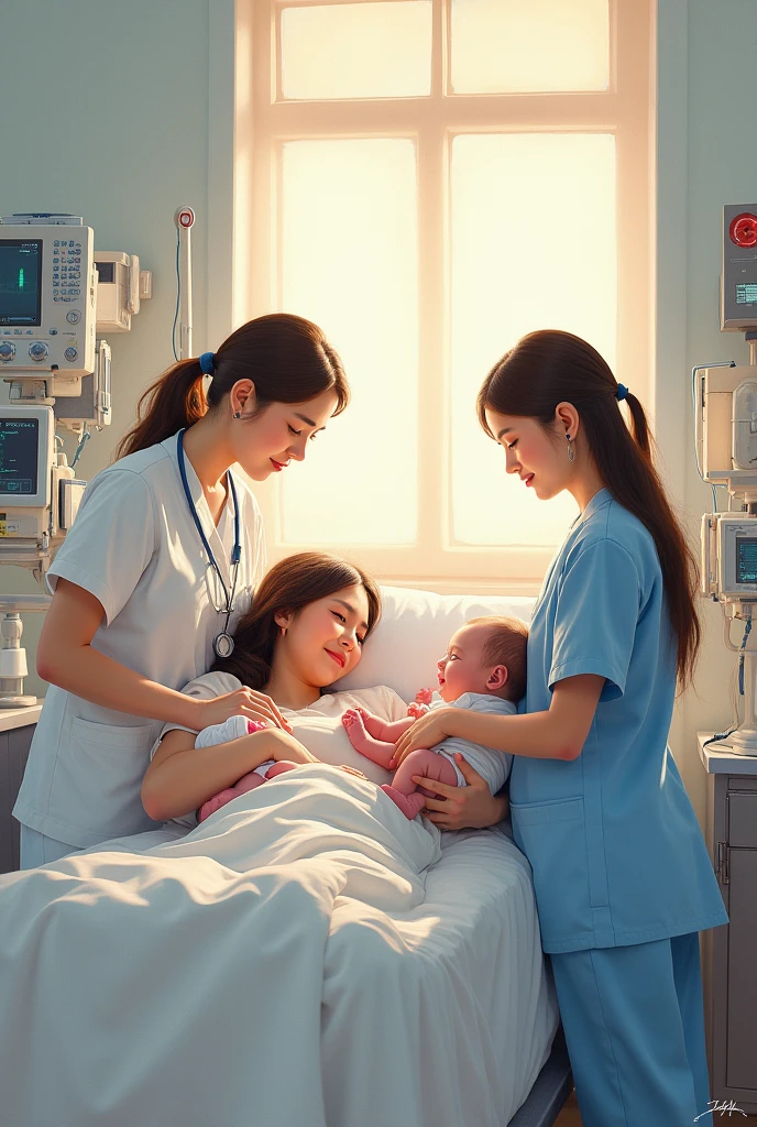 Baby teen girl giving birth