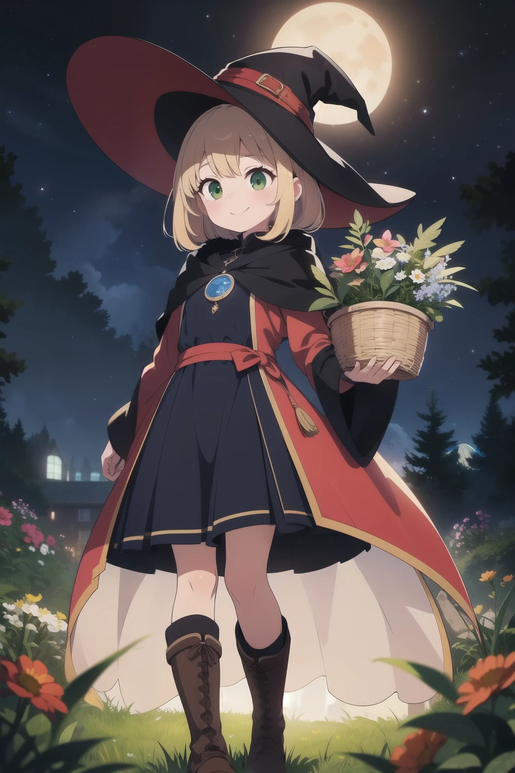 Best illustration, best quality, colorful witch around who carries a large basket containing various kinds of medicinal herbs, beige dress, orange cloak, dark brown long boots, green eyes, smile, Bluestone Pendant, night, starry sky, moon, buddy black cat, grassland, colorful flowers, extremely fine and beautiful colors, 8k resolution, amazing surprise, dynamic lighting like in movies, eye contact, highest resolution
