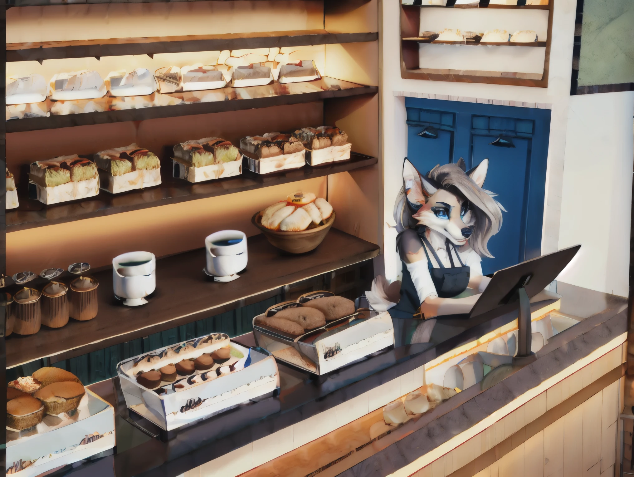 comfy tea shop, soft lighting, warm tones, barista behind counter, wolf anthro, woman, silver fur, blue eyes, tea cannisters, glass pastry case, cafe, distance, high angle, bakery