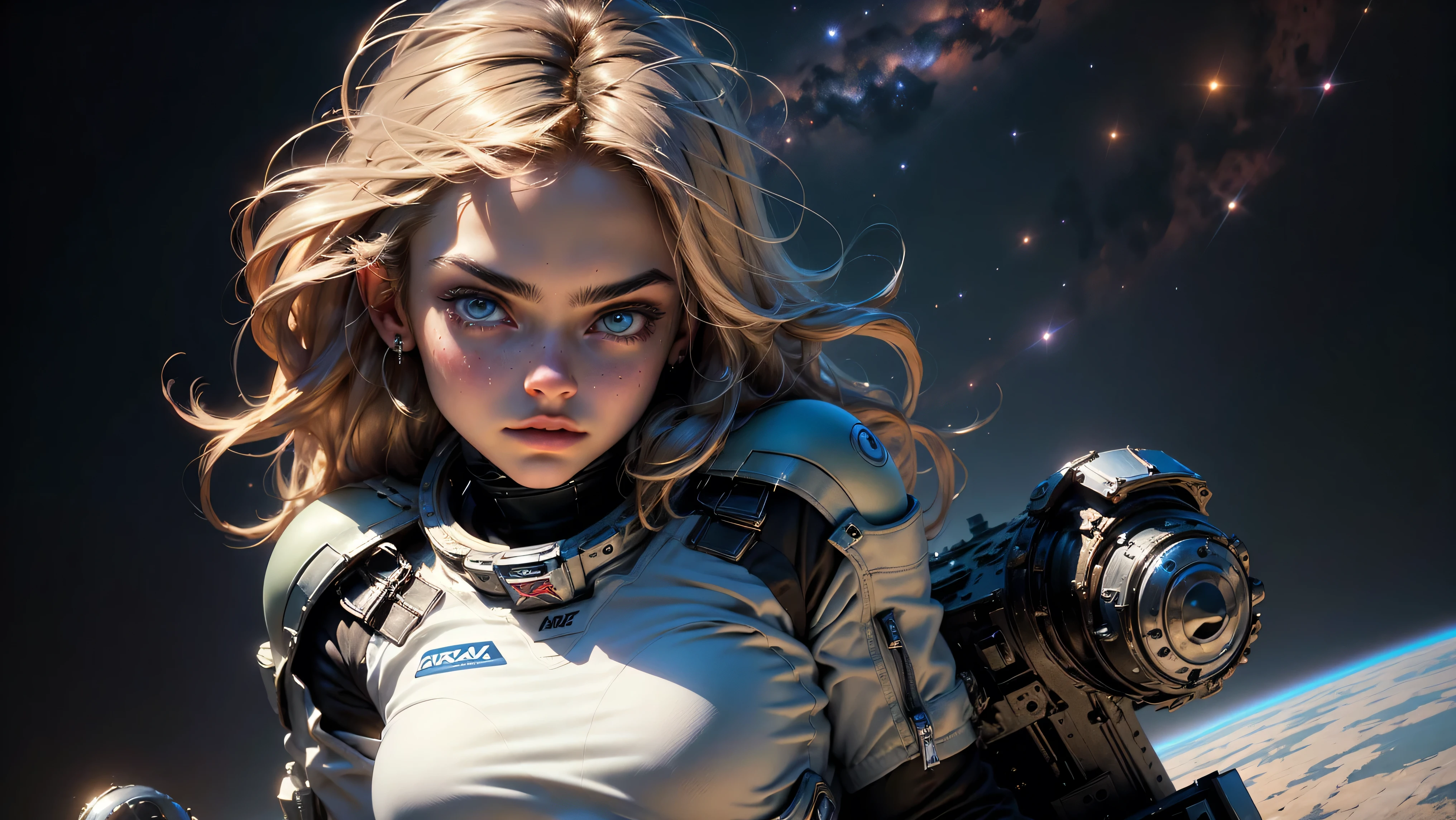 A teenage girl wearing futuristic outfits, inside a space capsule in space, in the background of the image a burning planet, spaceships flying in the background, style sci-fi