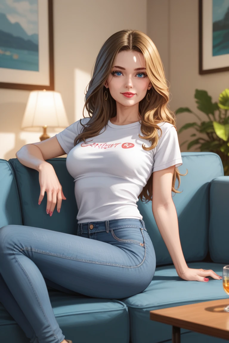 1 normal girl, 4k, HDR,  long hair, ultra cute face, beautiful lights and shadows, ultra detailed, 1girl, Solo, Breasts, Detailed Blue Eyes, Accurate, Casual outfit, Tshirt and jeans, Sitting on couch, Casual 80s living room background, DC Comics, Accurate, Anatomically Correct, Detail, High Quality, Detailed Face, High Resolution, 80s sitcom, Rachel Green, Jennifer Aniston, Sabrina Carpenter