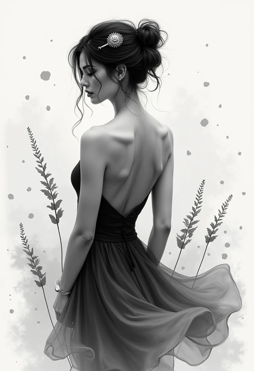 a body study of a beautiful woman, from behind, curved back, gossamer gown<lora:SDXLInkStainsFinal:1> Inkstains, high quality, beautiful,  highly detailed, 8k, unfinished black ink