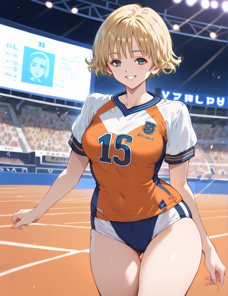 ,  short hair,Akiba Itsuki, Blonde, (Curly Hair), ( very short hair :1.2),Bloomers, 1 GIRL,  volleyball uniform , smile,  volleyball,,  short hair, ,  skin dimentation,  , thin waist,  thighs,  Wide Hips , eyeliner that reaches its climax,  eyelash ,  Perfect Face ,  detailed eyes, facial lighting,  INDOOR STADIUM, audience, crowd,  stare at viewers(Masterpiece,  High Quality :1.2)