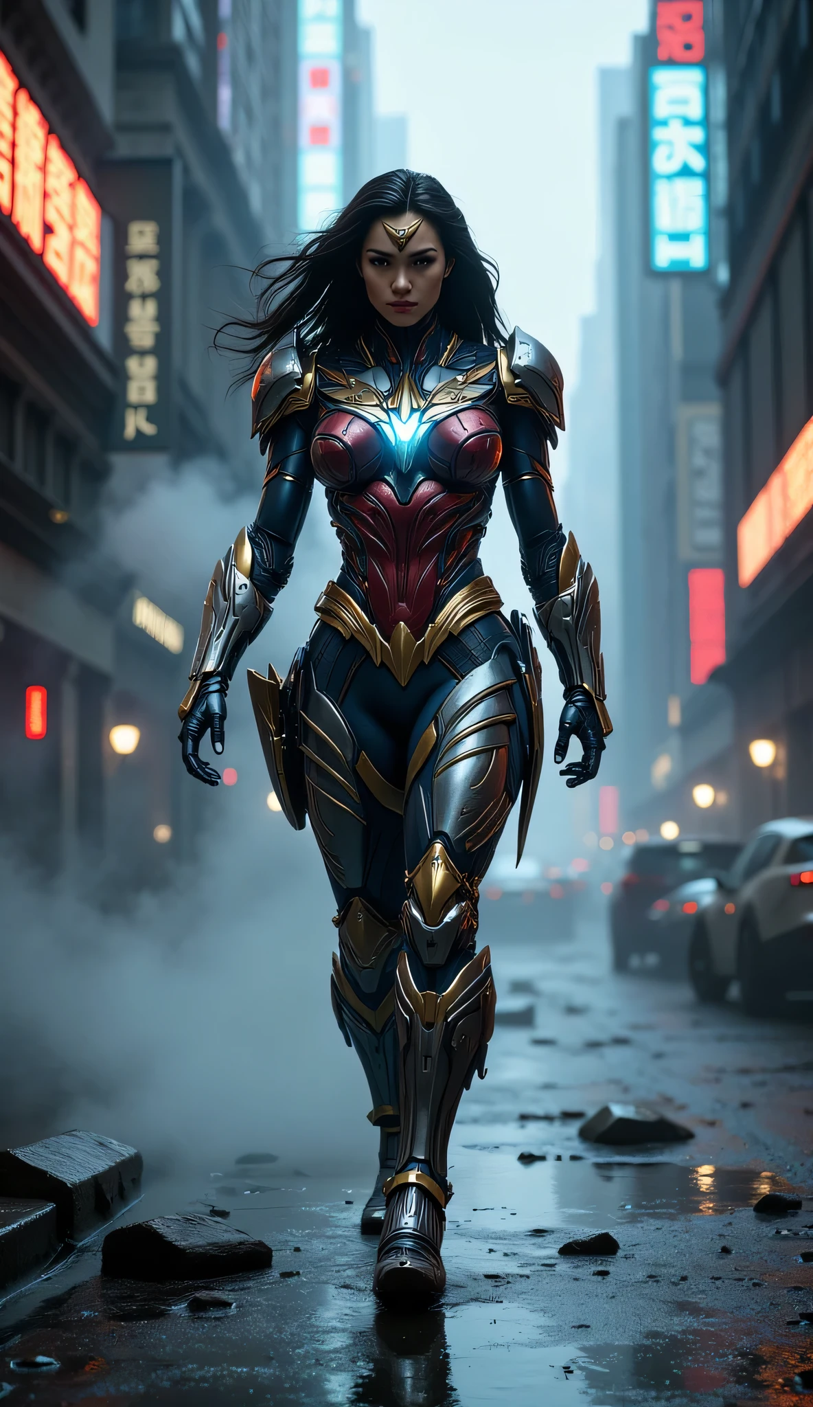 A cinematic hybrid fusion of Wonder Woman and Ultraman walking with confidence, showcasing a powerful yet elegant physique. The hybrid features a blend of Wonder Woman's Amazonian armor and Ultraman's sleek metallic suit, with glowing accents of blue and gold. The figure radiates strength and grace, with intricate patterns on the armor combining organic and mechanical designs. The same dark industrial cityscape forms the backdrop, with towering buildings, glowing neon lights, and an ominous mist. The atmosphere emphasizes a mix of danger and heroism, highlighting the hybrid's commanding presence as it moves through the scene.