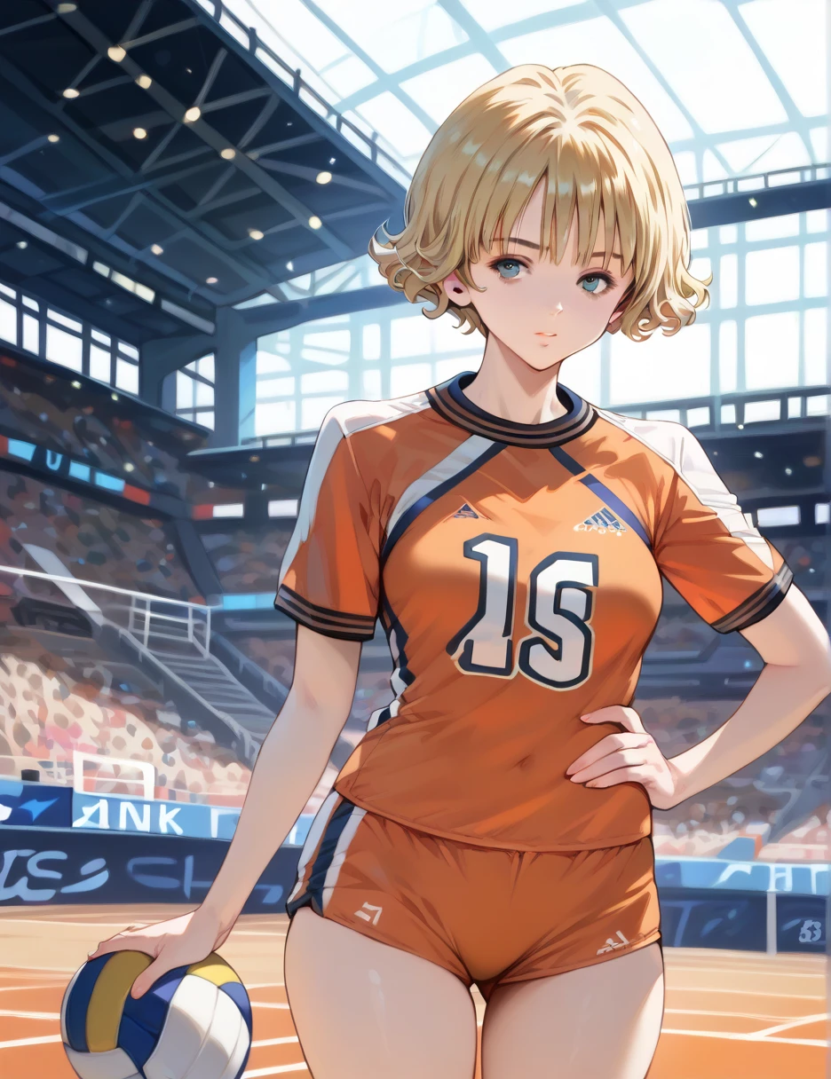 ,  short hair,Akiba Itsuki, Blonde, (Curly Hair), ( very short hair :1.2),Bloomers, 1 GIRL,  volleyball uniform , ,  realistic,  INDOOR STADIUM, is standing , stare at viewers,(Masterpiece,  High Quality :1.2)