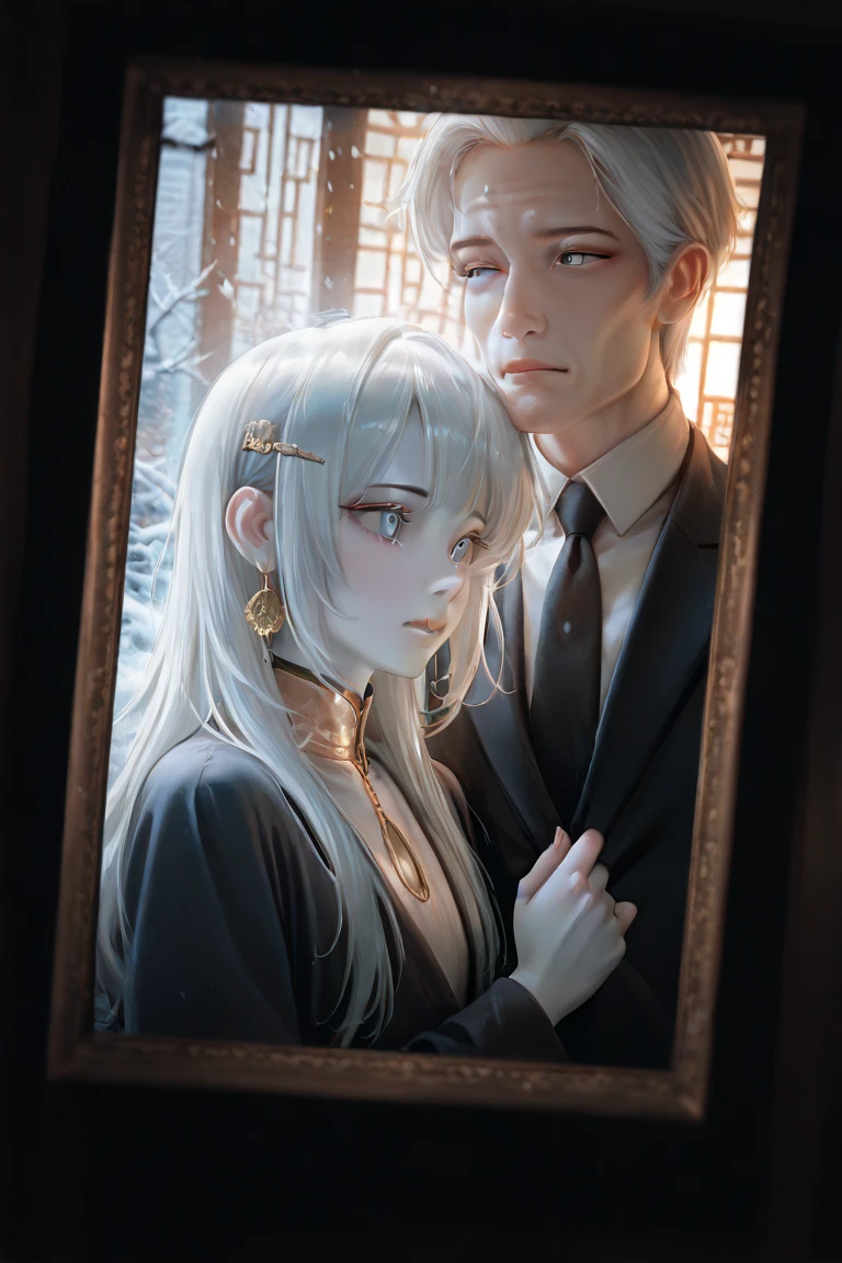 Ancient Chinese man, light blue eyes, white hair,Cold , young, no beard, very white skin,Black suit, long hair, 1Person in photo , hair down, wearing a gold hairpin, looks like a woman, male 