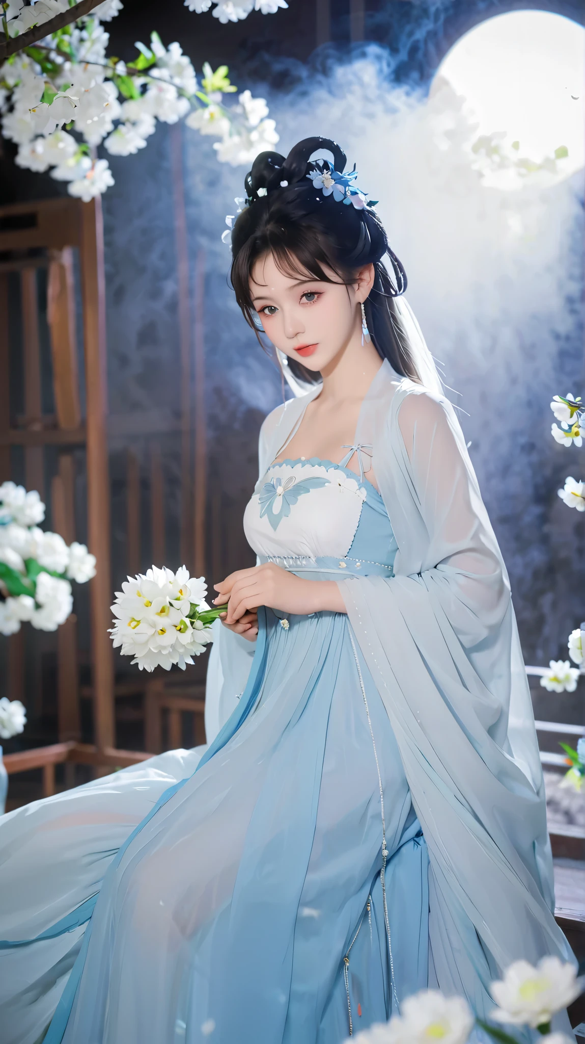 wears a blue dress、头发上有花朵的Anime Girl, very 美丽的Anime Girl, 美丽的Anime Girl, beautiful fantasy anime , Gu Weiss, Anime Girl, 美丽的Anime Girl, very pretty cute girl , Blue Flower, background blur, Anime style 4K, Anime fantasy work , 4k anime wallpaper, Guvez style artwork