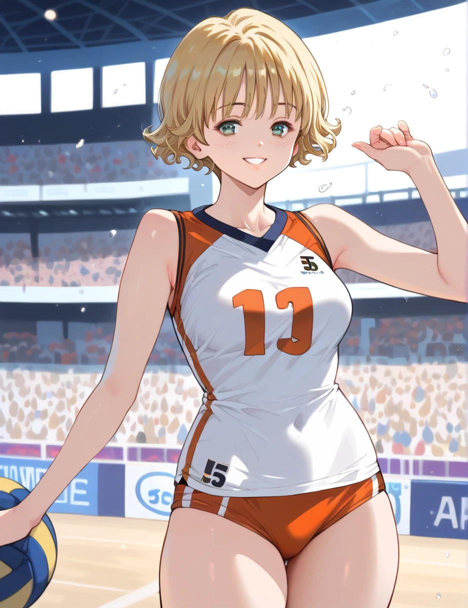 ,  short hair,Akiba Itsuki, Blonde, (Curly Hair), ( very short hair :1.2),Bloomers, 1 GIRL,  volleyball uniform , smile,  volleyball,,  short hair, ,  skin dimentation, , thin waist, , eyeliner that reaches its climax,  eyelash ,  Perfect Face ,  detailed eyes, facial lighting,  INDOOR STADIUM, audience, crowd,  stare at viewers(Masterpiece,  High Quality :1.2)