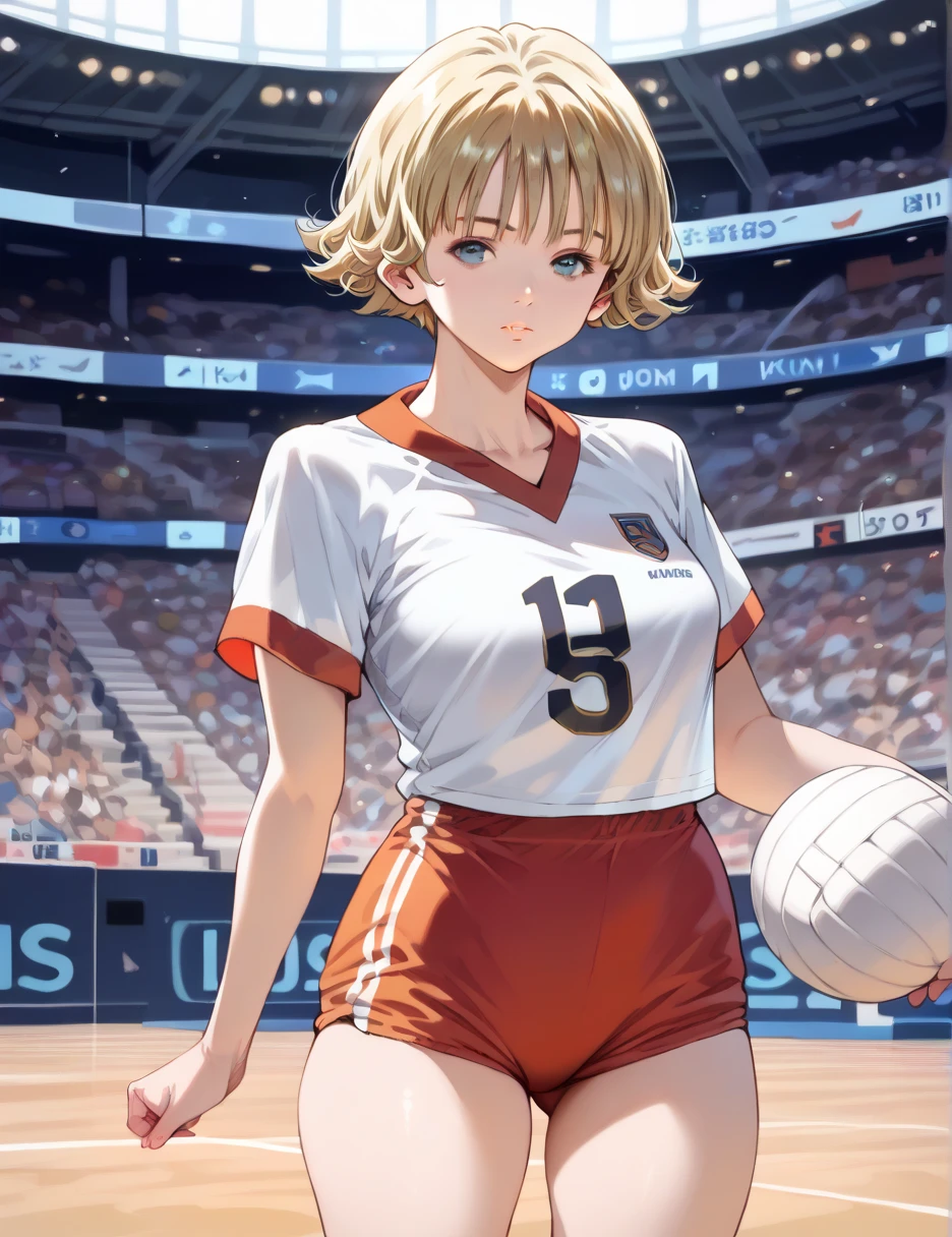 ,  short hair,Akiba Itsuki, Blonde, (Curly Hair), ( very short hair :1.2),Bloomers, 1 GIRL,  volleyball uniform , ,  realistic,  INDOOR STADIUM, is standing , stare at viewers,(Masterpiece,  High Quality :1.2)