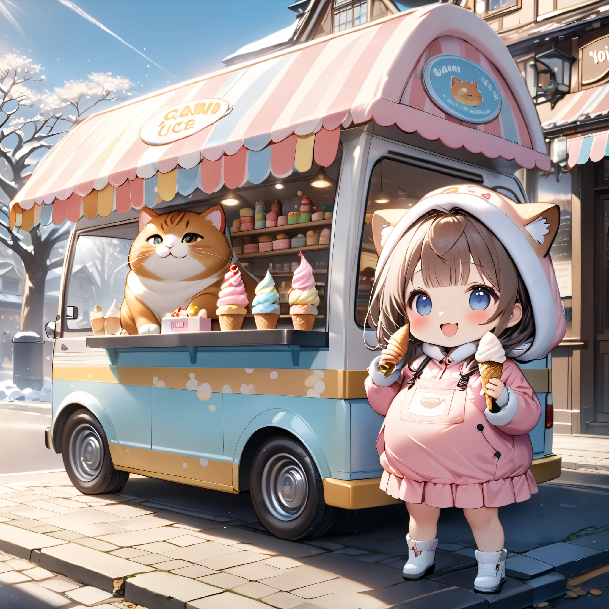 (masterpiece), (ultra-detailed), (best quality), (clear focus), dramatic scene, cinematic, shadow, (ultra-high resolution), (8k), perfect anatomy, perfect face, (detailed face), (detailed eye), (chibi:1.3), (cute Japanese chibi small girl:1.3), famous Japanese chibi idol, very beautiful with cute but cool face, (the girl is wearing a winter wear with cute coveralls with nylon jacket:1.2), boots, (medium breasts), (She is standing in front of the ice cream van:1.2), the ice cream van is pastel colored cute decorated, in winter, on the road in historic town in Europe, leafless trees, blue sky, beautiful winter sunshine, (a very cute giant fat cat is wearing an ice cream uniform and standing at the counter and holding a soft served ice cream in the shop of the van:1.35), (detailed giant fat cat:1.2), they looks so happy, happy smile, (shoot from side),