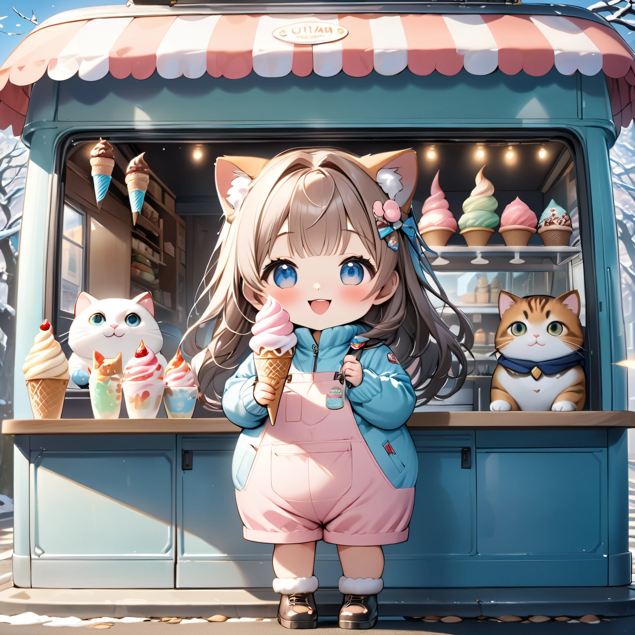 (masterpiece), (ultra-detailed), (best quality), (clear focus), dramatic scene, cinematic, shadow, (ultra-high resolution), (8k), perfect anatomy, perfect face, (detailed face), (detailed eye), (chibi:1.3), (cute Japanese chibi small girl:1.3), famous Japanese chibi idol, very beautiful with cute but cool face, (the girl is wearing a winter wear with cute coveralls with nylon jacket:1.2), boots, (medium breasts), (She is standing in front of the ice cream van:1.2), the ice cream van is pastel colored cute decorated, in winter, on the road in historic town in Europe, leafless trees, blue sky, beautiful winter sunshine, (a very cute giant fat cat is wearing an ice cream uniform and standing at the counter and holding a soft served ice cream in the shop of the van:1.3), (detailed giant fat cat:1.3), they looks so happy, happy smile, (shoot from side),