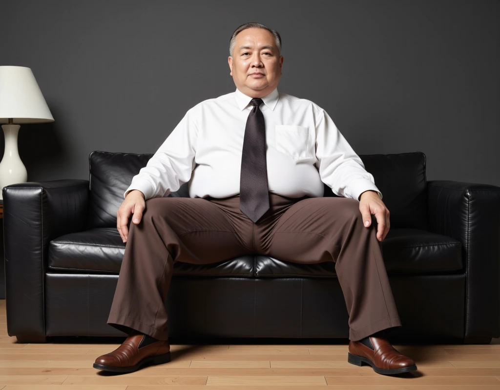 raw 4k photo, full body view, a 78 years old japanese old man, looking straight at viewer, big chubby fat, fat tummy short gray/white thinning hair, clean shaven, wearing white shirt and tie, a hugging tight brown colour trousers, brown loafer shoe, sat on a big black leather sofa in his modern architecture livingroom, Dark gray colour wall background, face looking straight at viewer, spread legs wide open, showing his small bulge, highly detailed bulge, large testicles print outline, highly detailed bulge with penis print outline, shp highly detailed, exceptional realism, bright lighting, hyper realistic,, highly detailed, exceptional realism, highly detailed, hyper realistic
