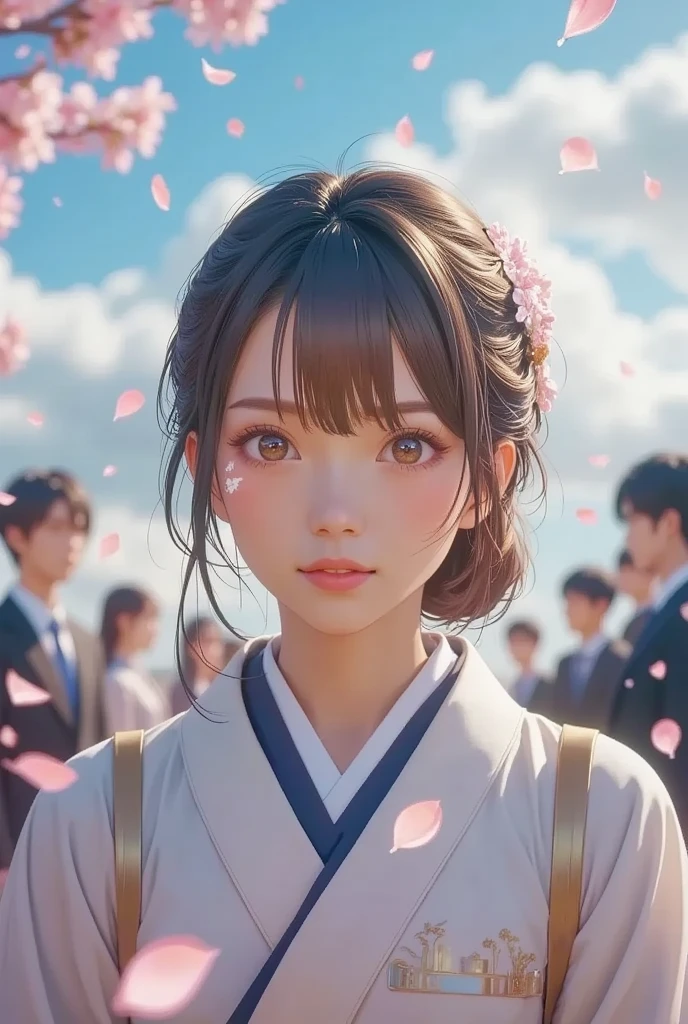 (masterpiece, best quality :1.2),ultra-realistic photo, Japanese coming-of-age ceremony pictures 、a Japanese woman\(18years old,Dressed in a luxurious black and white kimono,Formal Kimono,her hair up, Luxurious Hair Ornaments), gentle smile ,focus on her face,Soft sunlight 、backgroundぼかし、background\(Cherry blossom petal rain,blue sky, formally dressed people ),Canon, fresh and happy atmosphere、Reflection of light