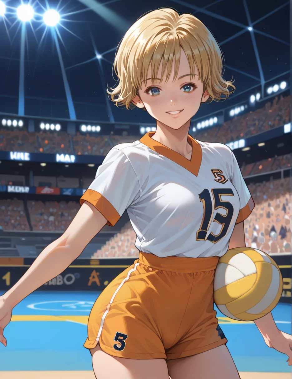 ,  short hair,Akiba Itsuki, Blonde, (Curly Hair), ( very short hair :1.2),Bloomers, 1 GIRL,  volleyball uniform , smile,  volleyball,,  short hair, ,  skin dimentation, , thin waist, , eyeliner that reaches its climax,  eyelash ,  Perfect Face ,  detailed eyes, facial lighting,  INDOOR STADIUM, audience, crowd,  stare at viewers(Masterpiece,  High Quality :1.2)