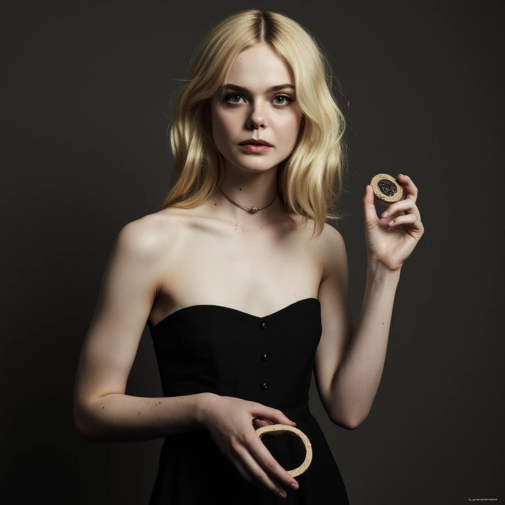 Elle Fanning, in a strapless dress, holding a round pendant on a chain in one hand, hypnotizing 